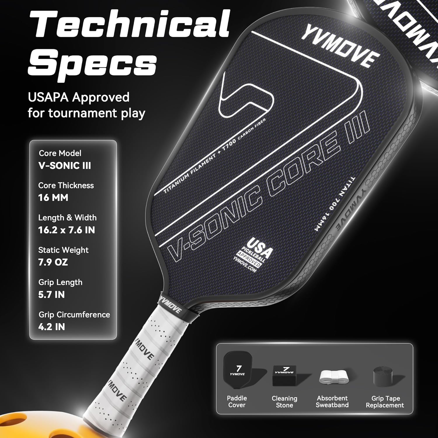 Pickleball Paddles for Advanced Players | Control & Power | Ti-Carbon Hybrid Face | V-Sonic IV Kinetic Core 16MM | Large Sweet Spot | Mid-Weight | Extended Grip | USAPA Approved - Image 7