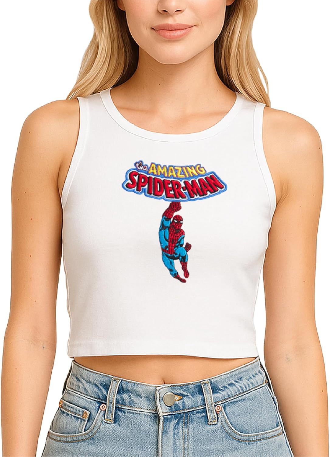 Marvel Spider-Man Womens Graphic Tees - Cropped Baby Tee, Tank Top, and Full Length Crewneck Retro Graphic Shirts for Women