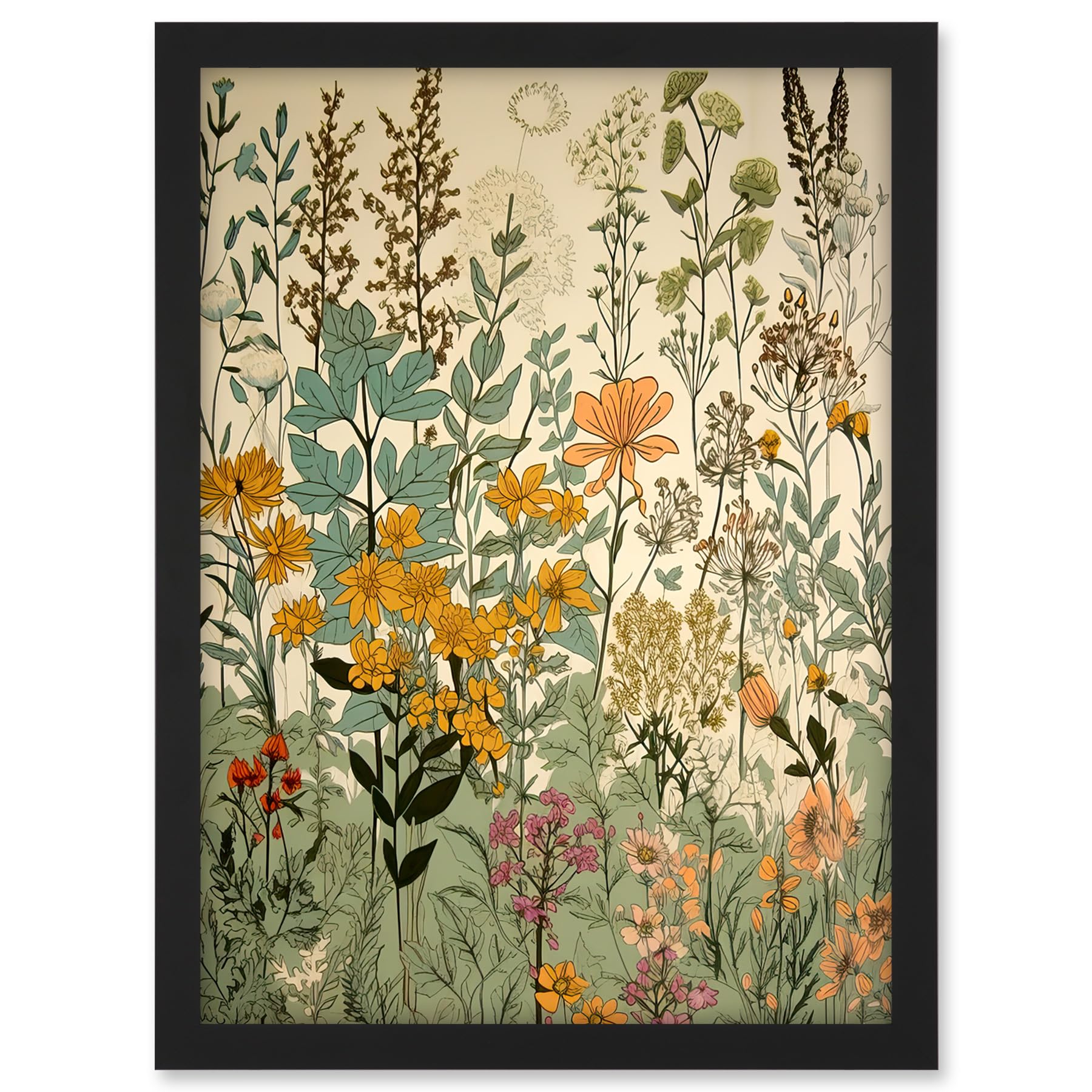 Artery8 Wildflower Vintage Botanical Painting Pastel Yellow Green Teal Pink Spring Field Artwork Framed A3 Wall Art Print