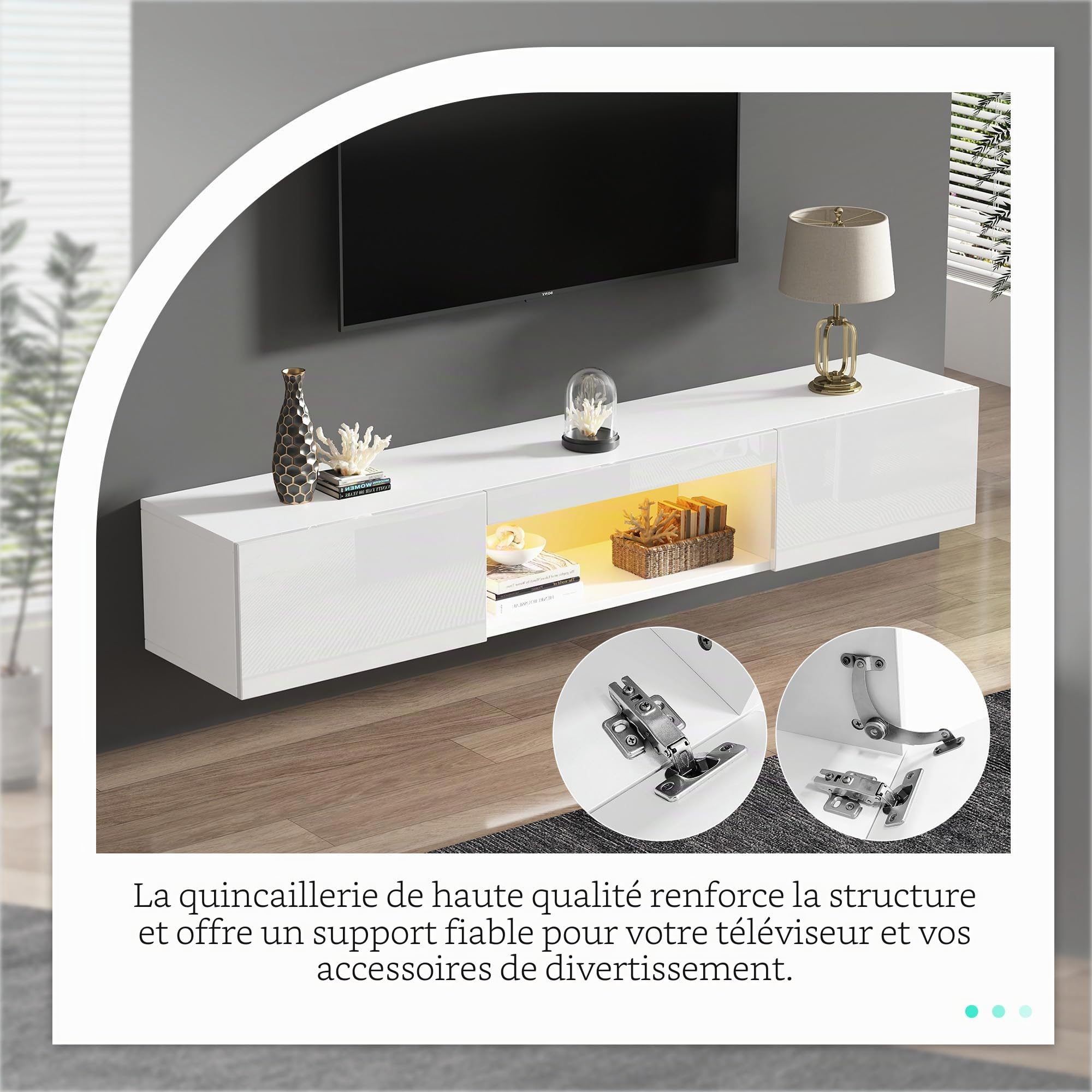 Merax Meuble TV avec éclairage LED, blanc brillant, largeur 160 cm, 2 portes battantes, compartiment ouvert, moderne pour salon, chambre à coucher