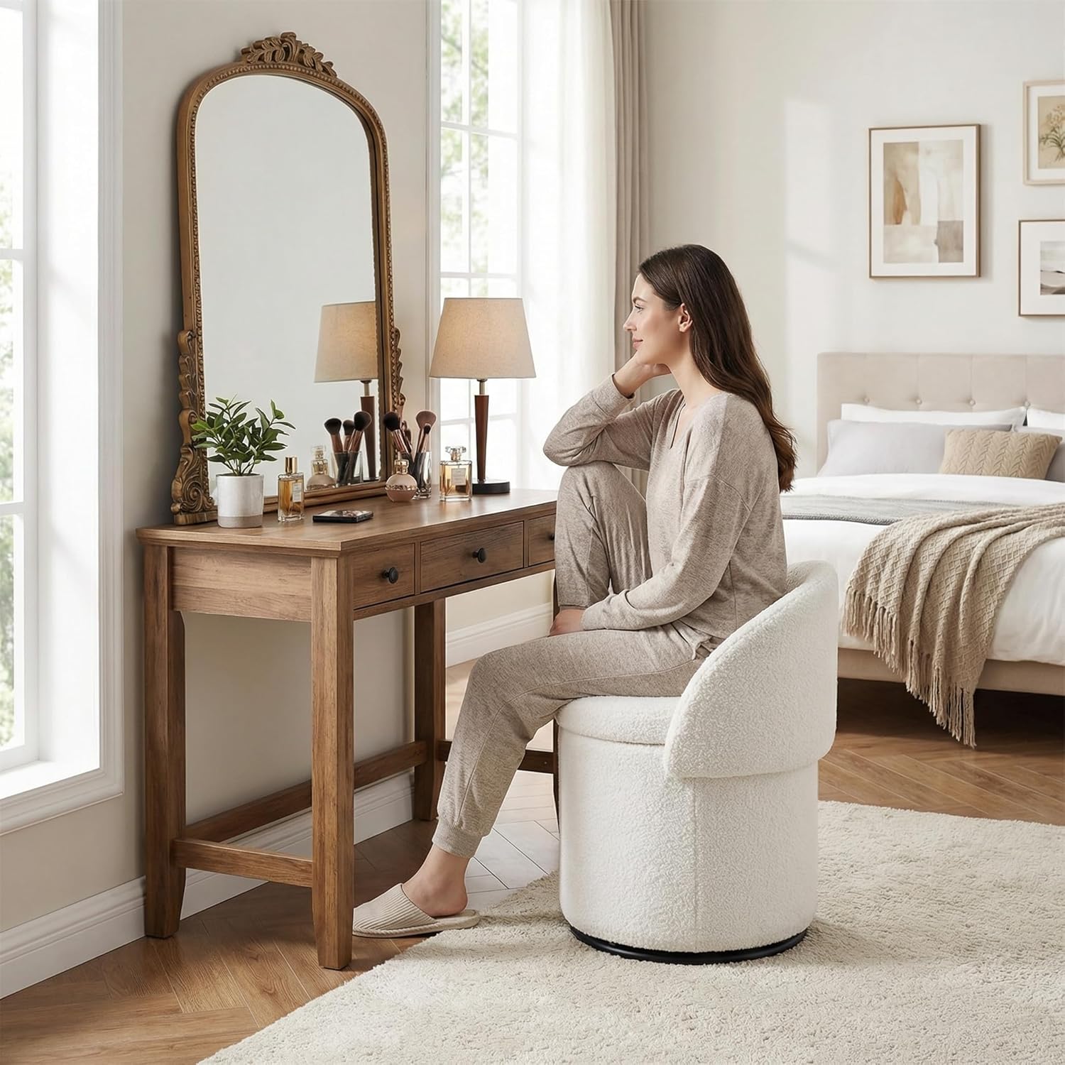LukeAlon Sherpa Makeup Ottoman with Storage, Upholstered 360° Swivel Vanity Stool with Foldable Backrest Modern Cylindrical Footrest Stool for Living Room Bedroom, White