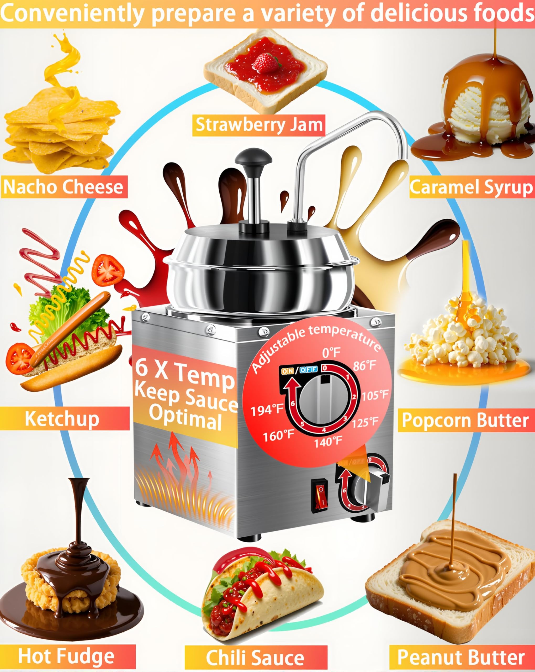 Dispensador de queso Nacho, calentador de queso nacho de 7.4 cuartos con bomba de acero inoxidable, calentador de dulce caliente con ajuste de temperatura de 6 niveles, máquina dispensadora de salsa