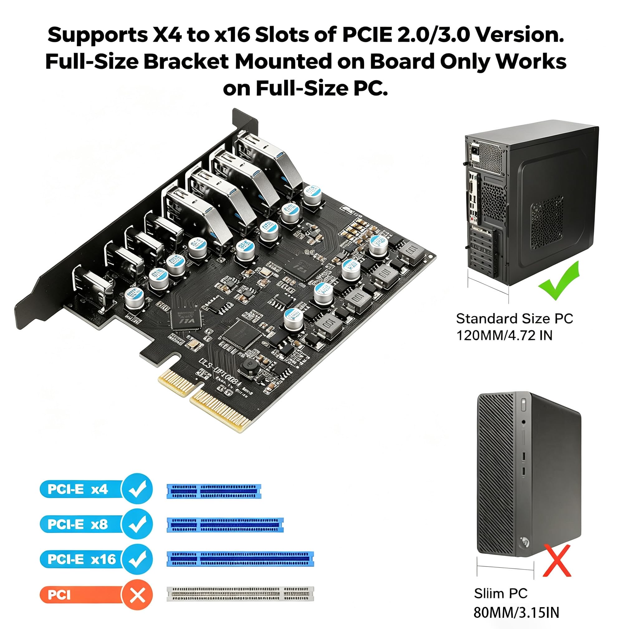 Karta USB 3.2 PCIE 8 portów, PCIE 3.2 gen2 x 1 karta 10 Gb/s, karta rozszerzeń PCI Express, wewnętrzny koncentrator USB, konwerter do komputera stacjonarnego z systemem Windows 7/8/10 Linux