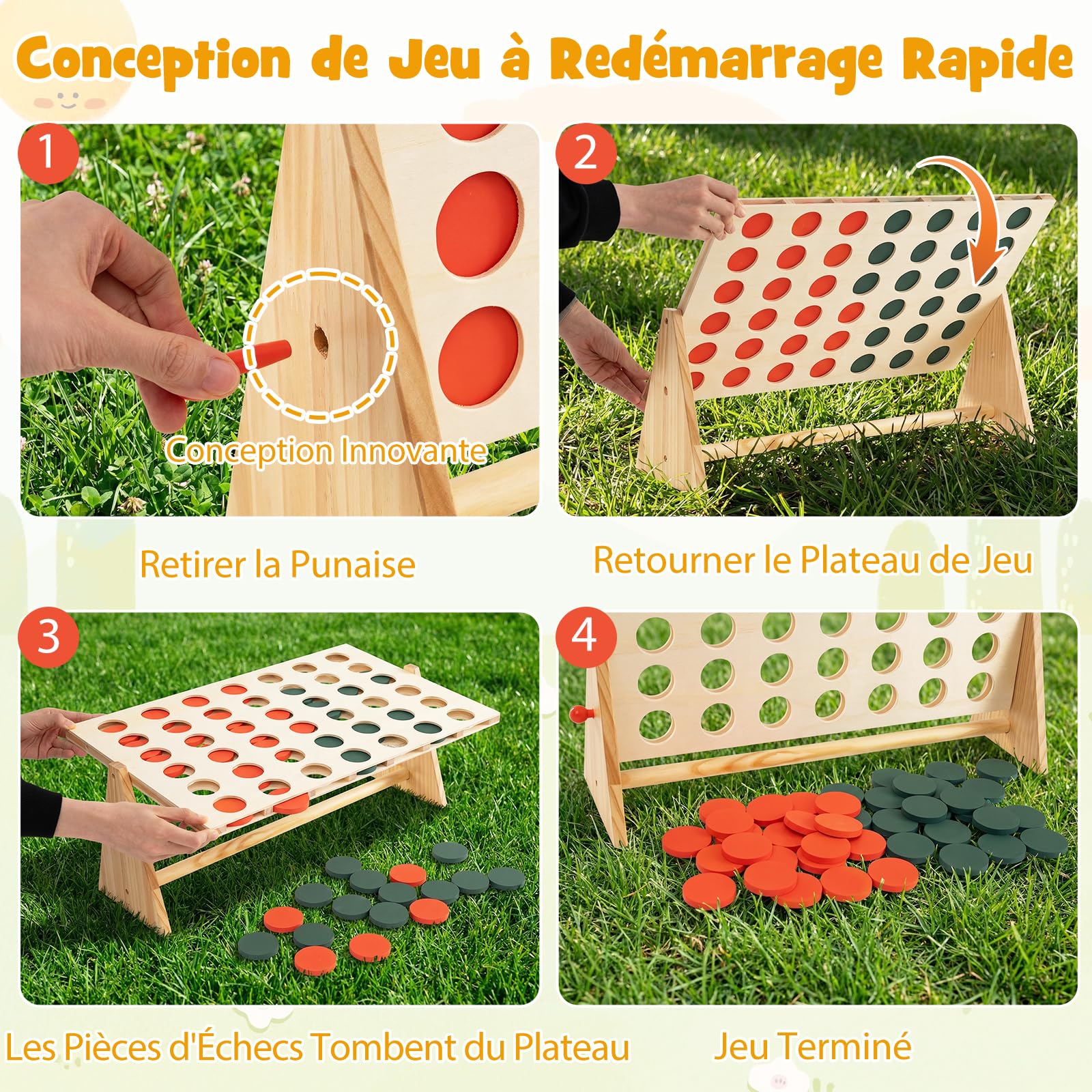 COSTWAY Jeux Puissance 4 Géant Enfant avec 42 Jetons, Jeu de Société en Bois de Pin, Jeu d'Adresse Intérieur Extérieur pour Enfants Adultes pour Jardin Salon Fête