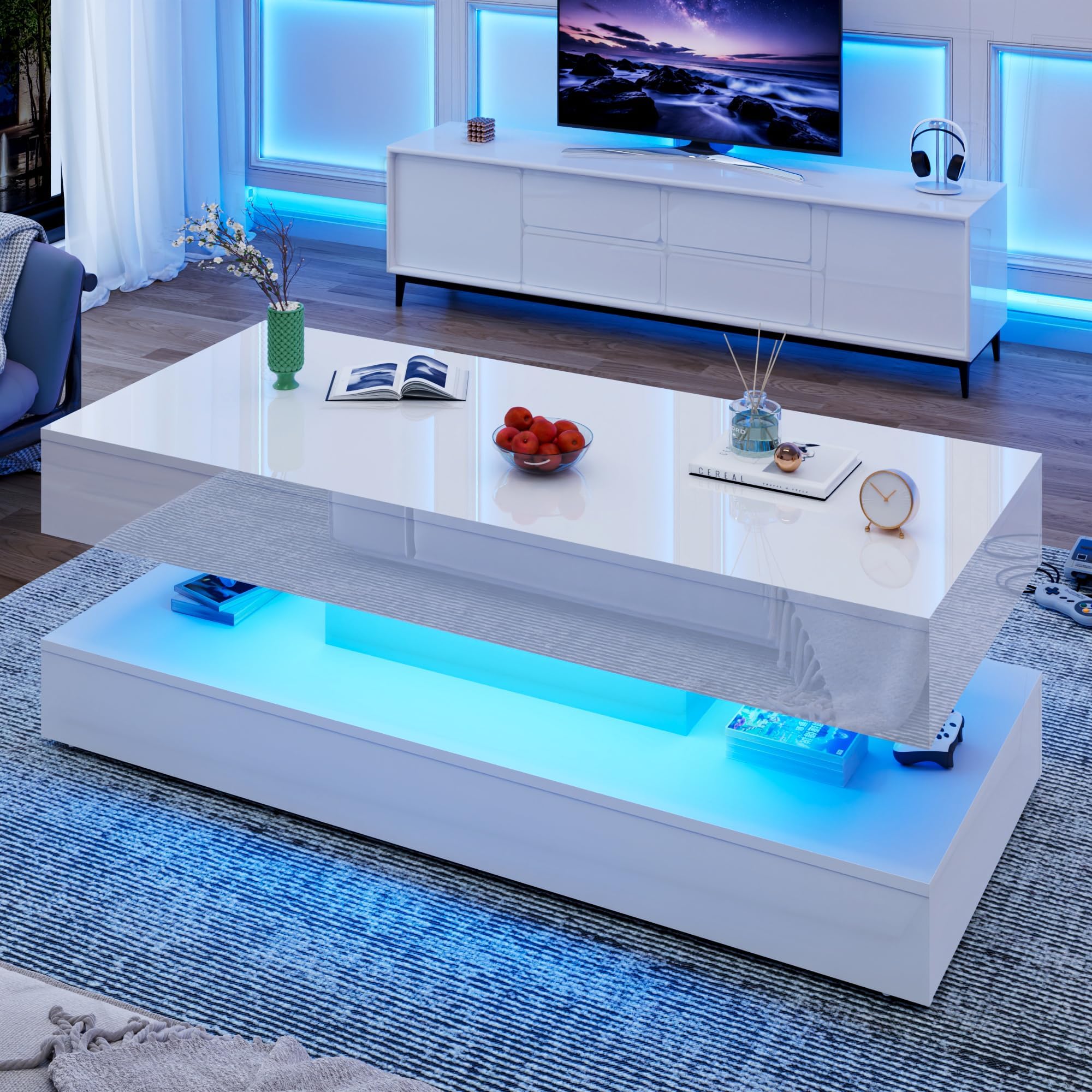 Uspeedy 47.3in Large High Glossy LED Coffee Table with 2 Storage Drawers,Black/White Modern Coffee Tables for Living Room,Living Room Tables,APP LED Lights (White)