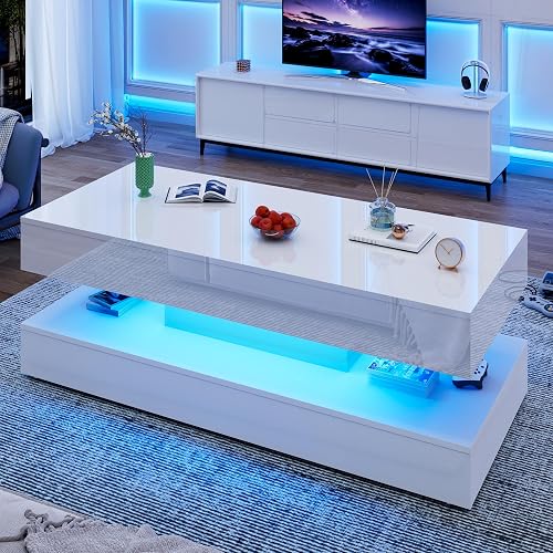 Uspeedy 47.3in Large High Glossy LED Coffee Table with 2 Storage Drawers,Black/White Modern Coffee Tables for Living Room,Living Room Tables,APP LED Lights (White)