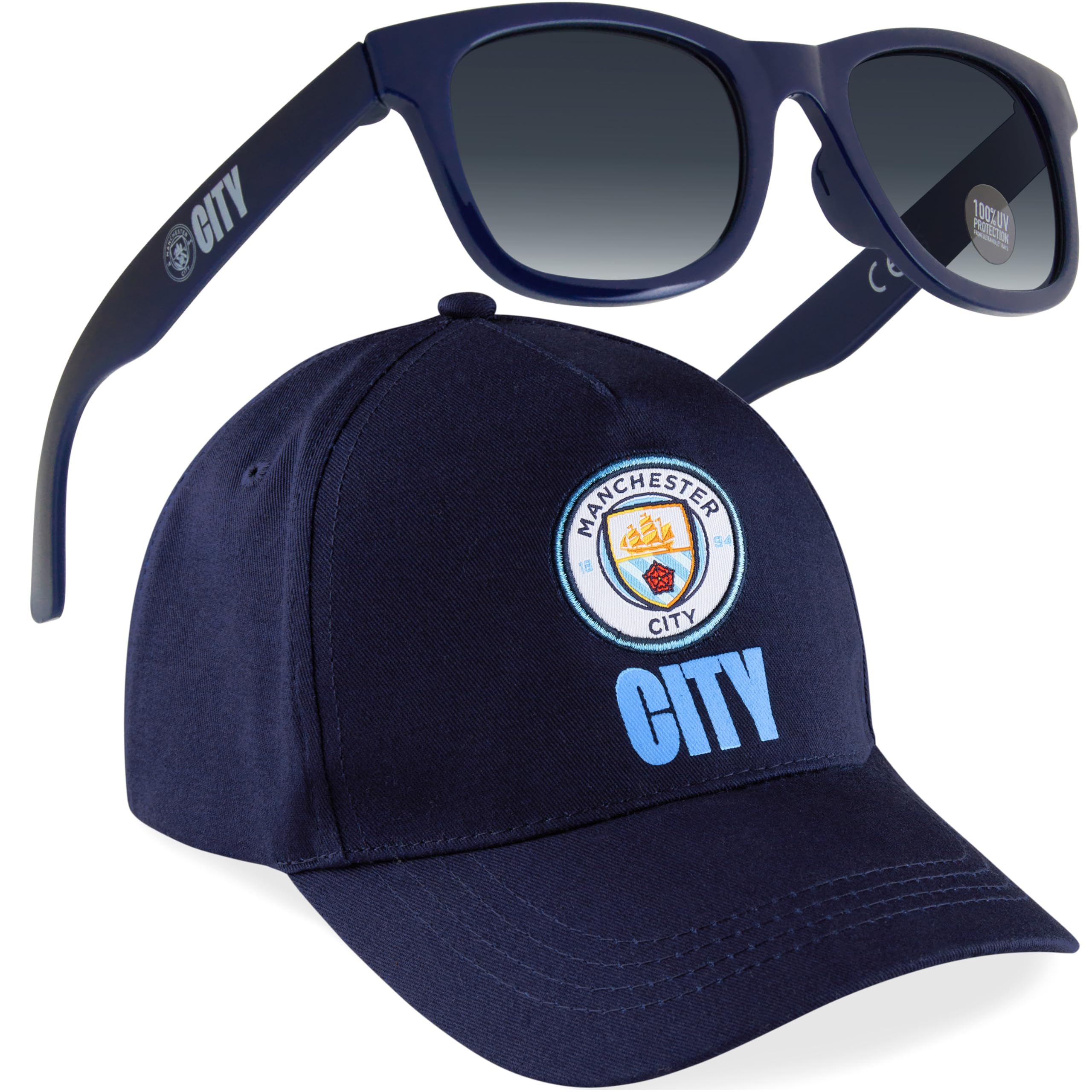 MANCHESTER CITY F.C. Baseball Cap or Bucket Hat and Kids Sunglasses Set Summer Sun Hat 100% UV Holiday Essentials Boys Gifts (Navy Cap)