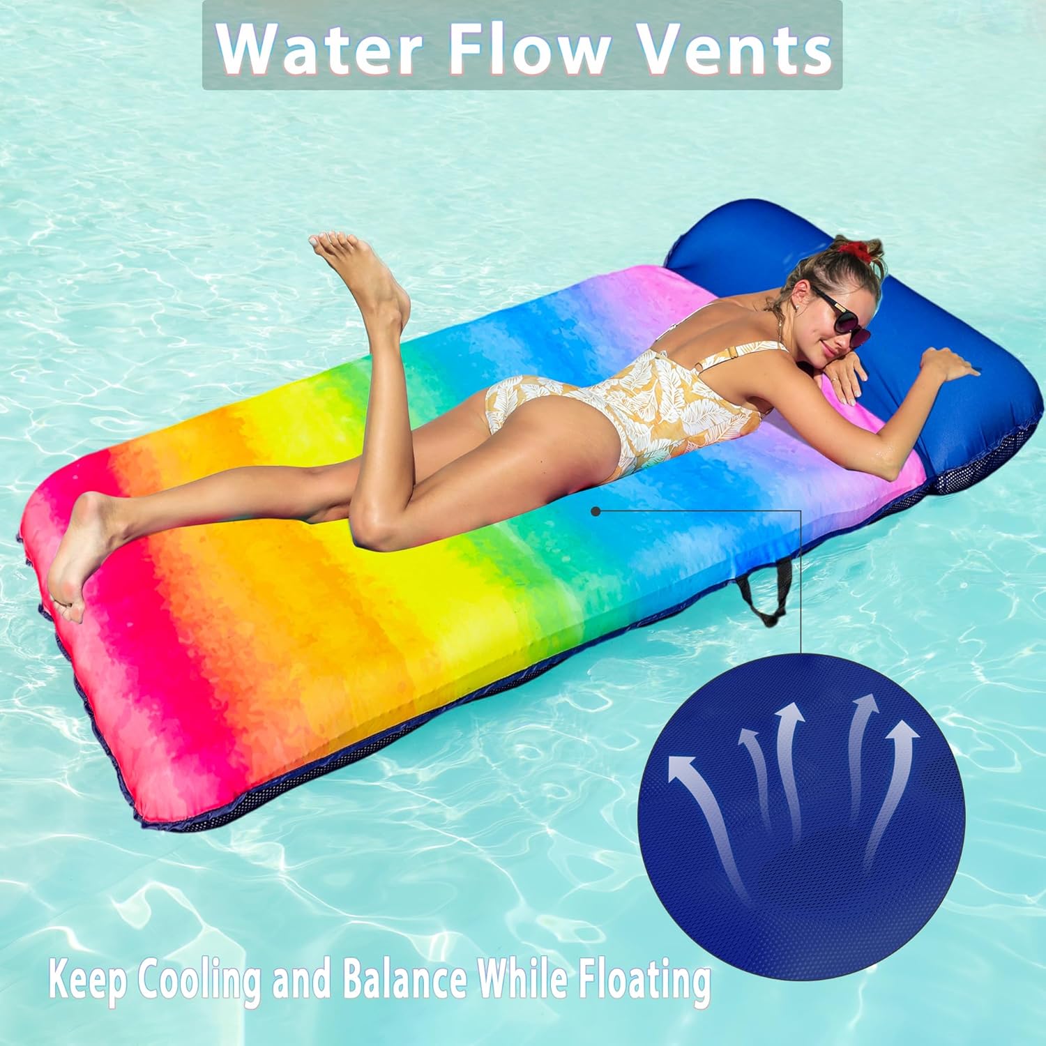 FindUWill Oversized Pool Float Lounger, 72" X-Large Fabric Covered Pool Floats Adult with Headrest, Ultra Comfort Inflatable Pool Floaties Pool Raft for Swimming Floating (Rainbow)