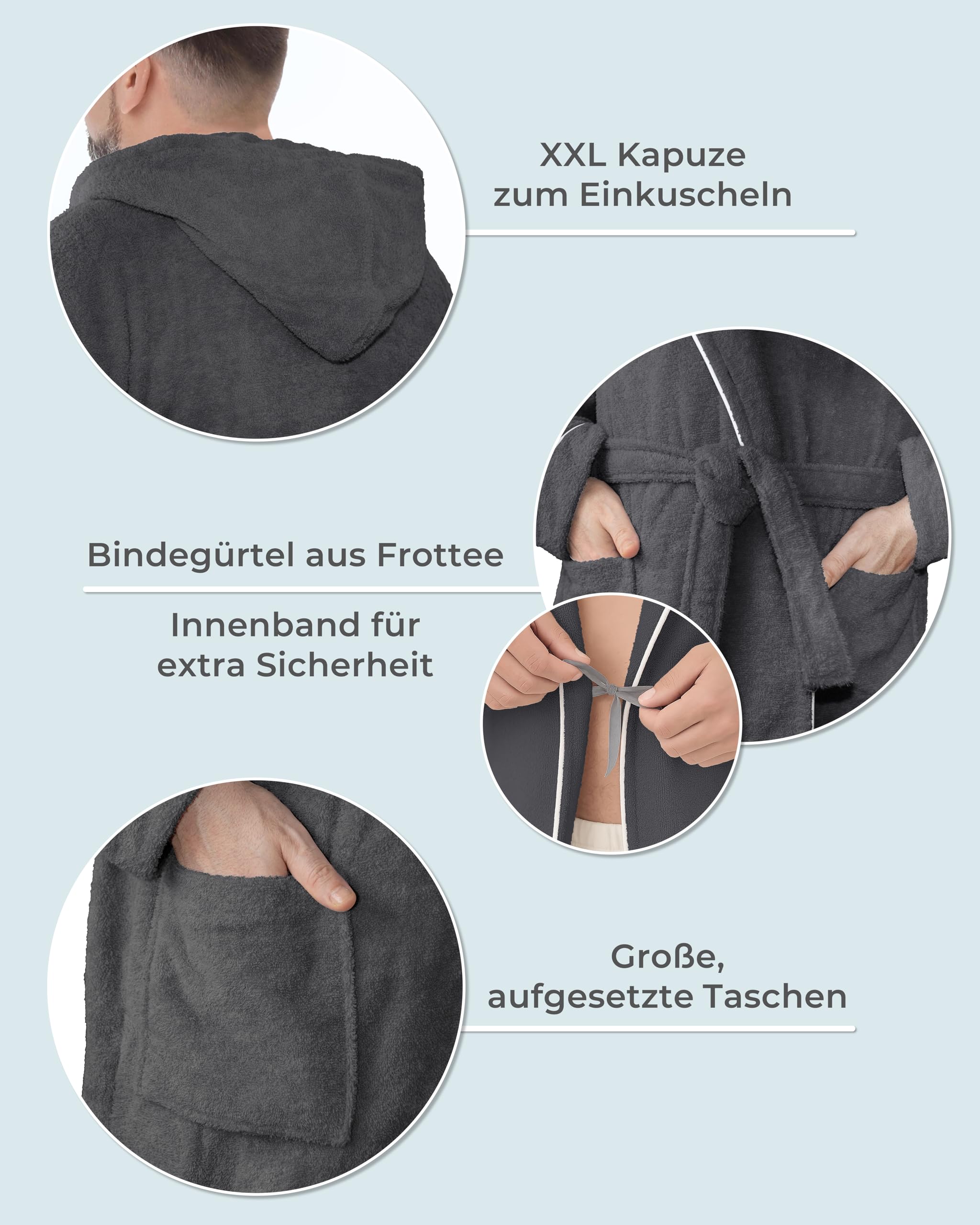 LAYNENBURG Bademantel Herren Frottee - Kapuze - Lang - 100% Baumwolle (360g/m2) - OEKO TEX Standard 100 - Größe M, L, XL, XXL, 3XL