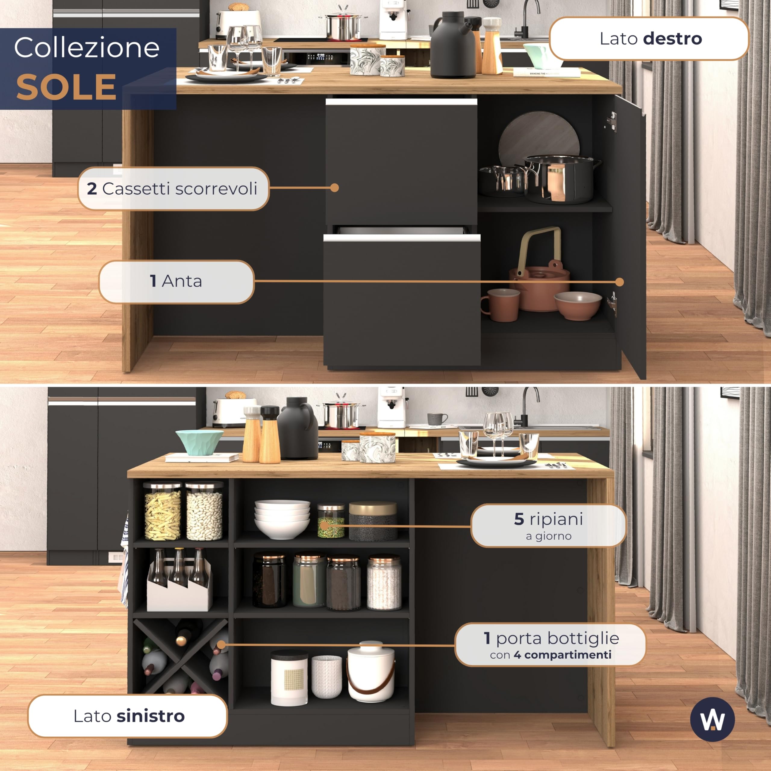 WHOUS Isola Cucina SOLE con 1 Anta, 2 Cassetti e 6 Vani, Tavolo da Pranzo e Piano di Lavoro, Ideale per Open Space e Spazi Ridotti, 152,5x90x90,60 cm, Antracite Opaco e Rovere
