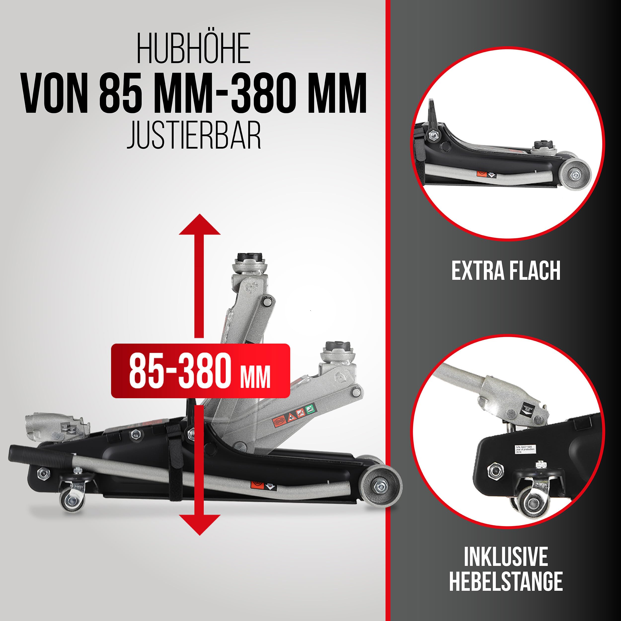 HEYNER® Zestaw hydraulicznych podnośników manewrowych 2,25 t – wyjątkowo płaski (85–380 mm), 2 koła obrotowe, gumowe talerze o średnicy 45 mm, w zestawie gumowa podkładka do samochodów marki Audi,