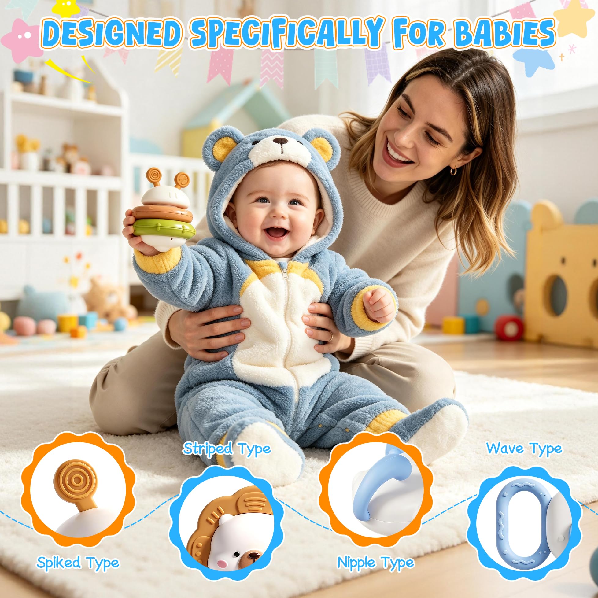 Sonagli Neonato e Massaggiagengive, Giocattolo Sviluppo, Regalo Blu