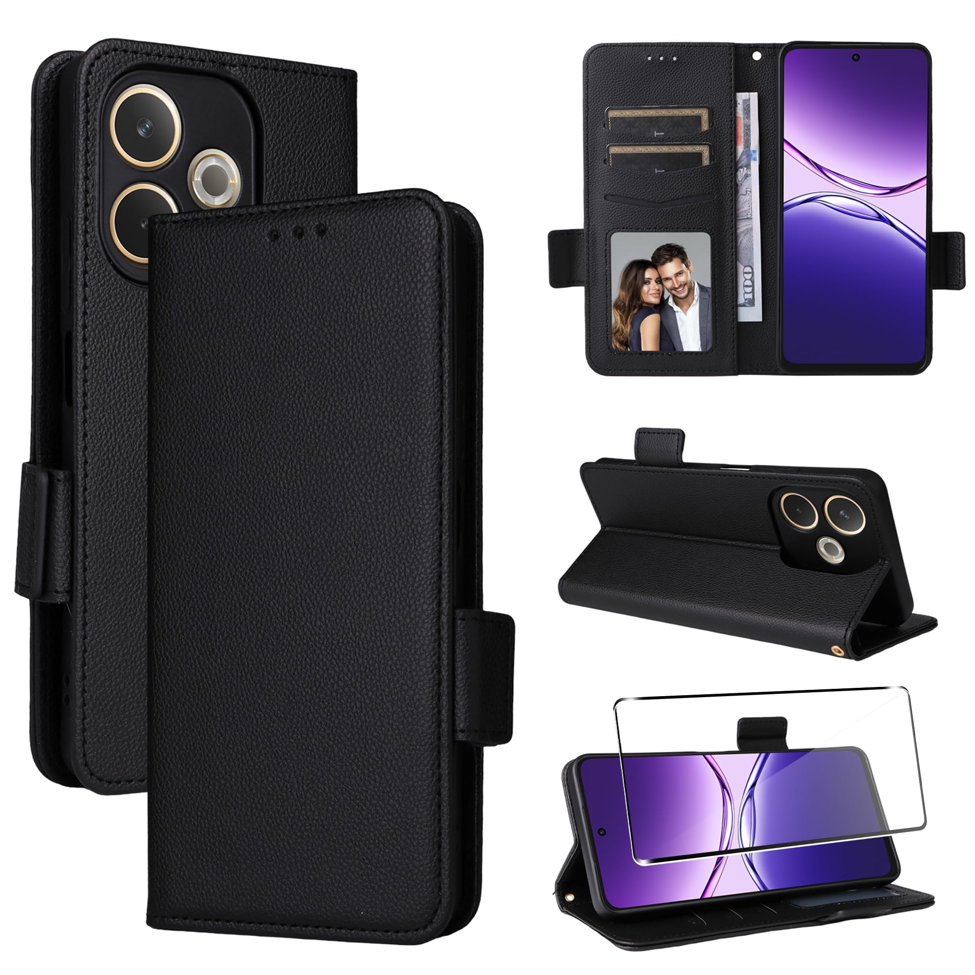 Housse Portefeuille En Cuir PU Pour Oppo A5 Pro 5G/4G - Fermeture Magnétique, Fentes Cartes, Protection RFID - Noir