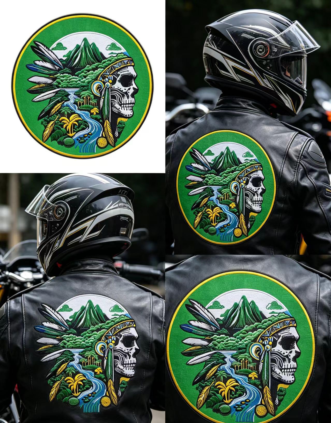Grandi toppe ricamate, copricapo con teschio nativo, chitarra da biker triste mietitore, ali di croce di ferro, set di toppe posteriori (cerchi)