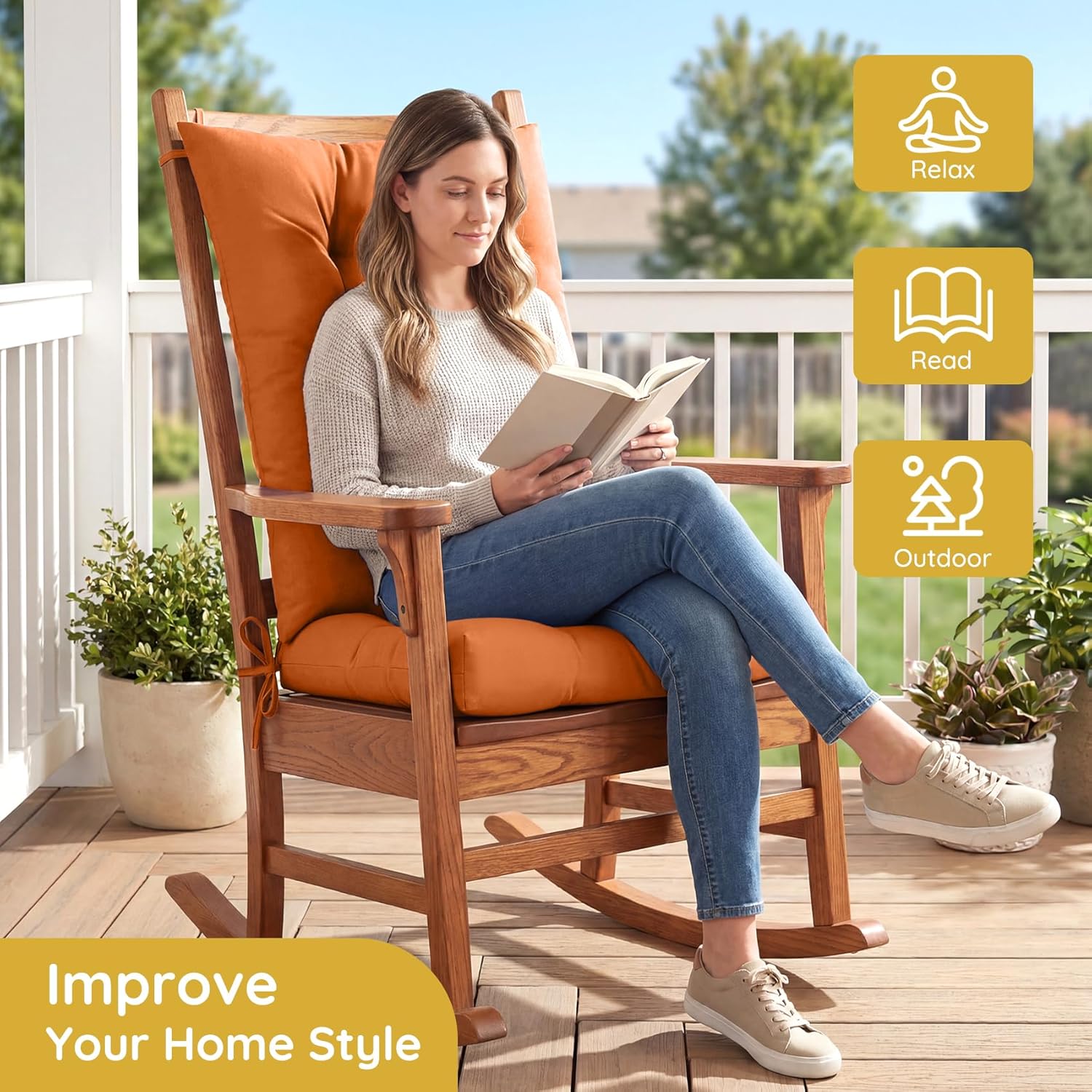 Rocking Chair Cushion Premium Tufted Pads with Ties Indoor/Outdoor Thick Linen Chair Pads Non-Slip Chair Pads for Elderly Sitting 17×17 inch (Waterproof-Orange)