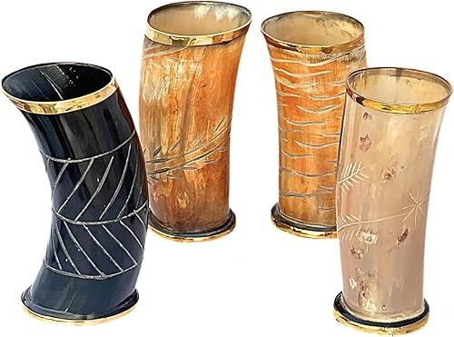 Viking Drinking - Taza de cuerno natural hecha a mano para vino de cerveza Ale, hecha a mano, pulido, juego de 4