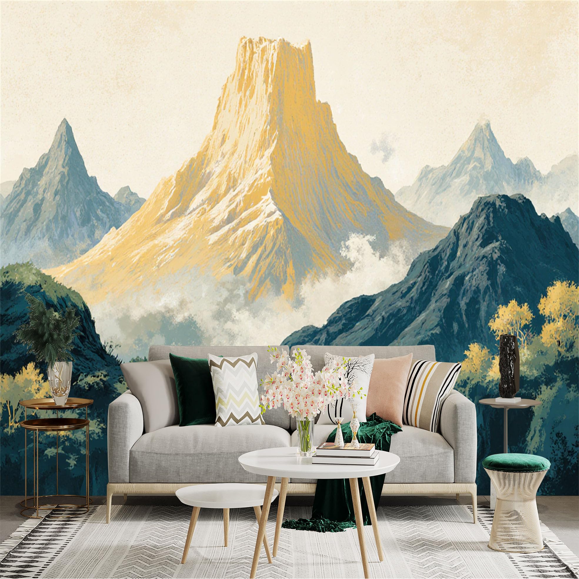 Custom Size Wall Sticker Mural， Majestic Golden Peak and Misty Waterfall， Natural Landscape Scenery， for wall Decoration， peelandstick wall Decals.