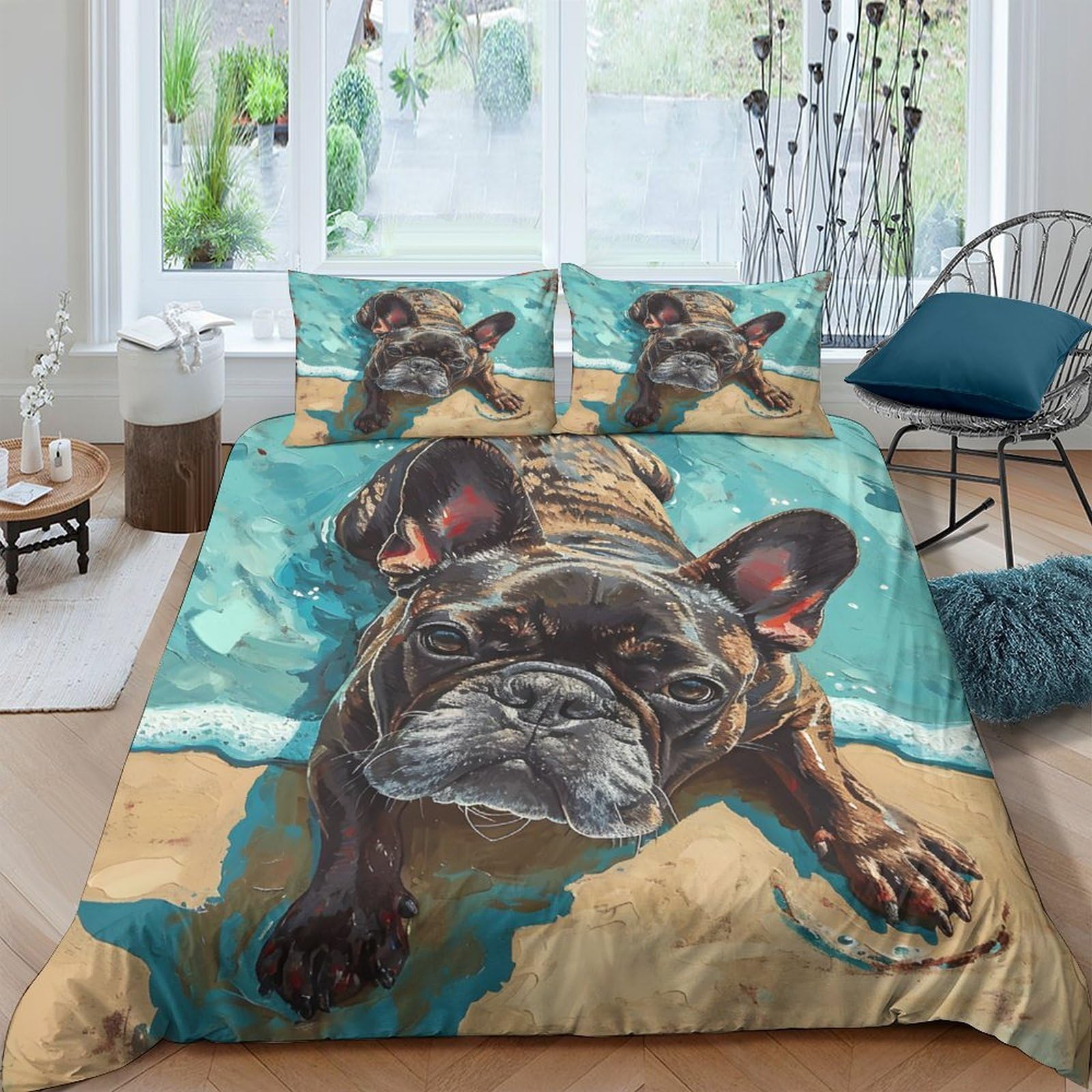 Ctjqhvkz Style-4 3D Printed French Bulldog Beach Fitted Sheet Microfiber Non-Slip Bed Cover For Bedroom Guest Room Easy Care Decor Single（135X200cm）