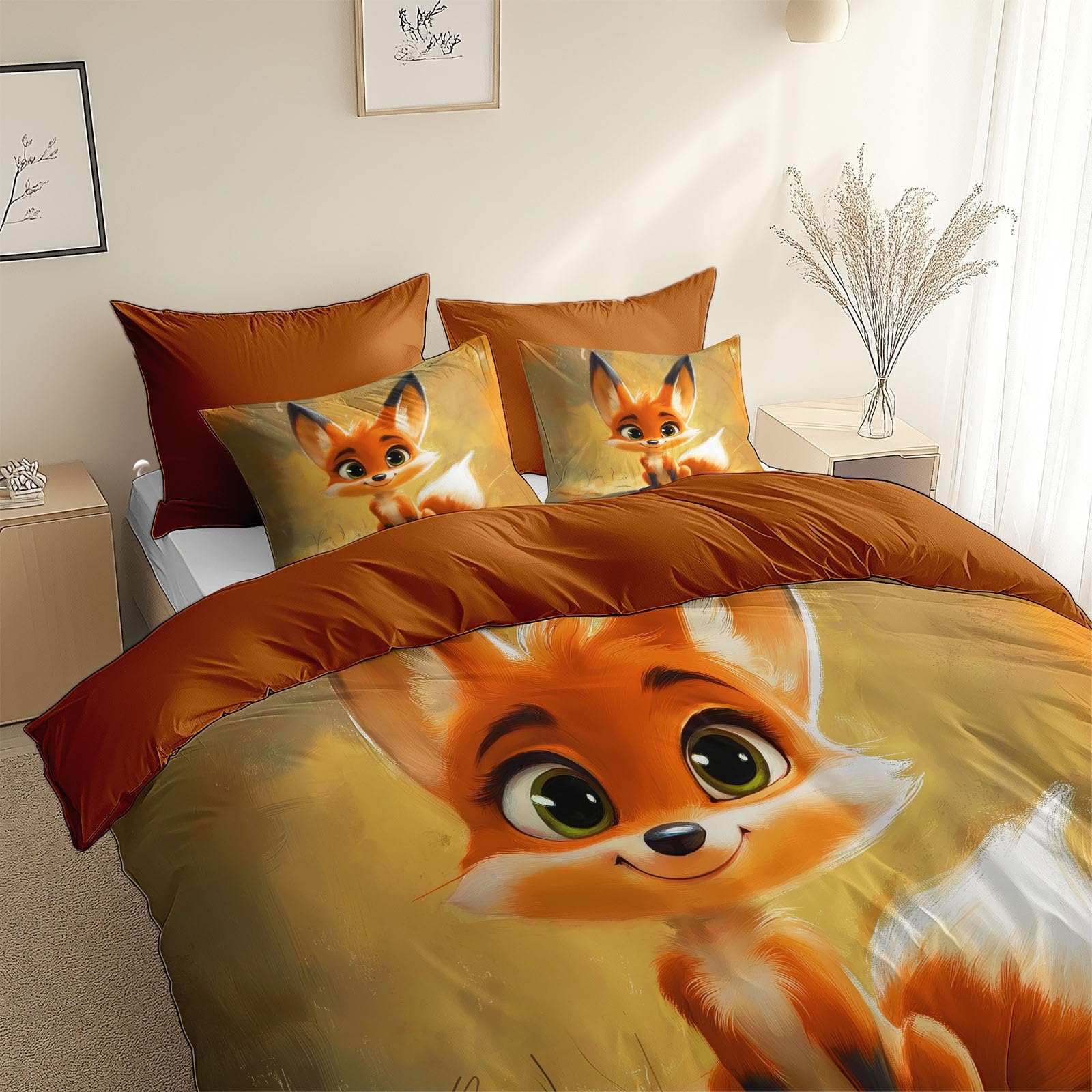 Śliczna poszwa na kołdrę z kreskówki lis 220 x 240 cm zestaw poszewek na kołdrę i poszewek na poduszki, miękki brązowy karmelowy zestaw pościeli z nadrukiem, łóżko z mikrofibry dla dorosłych i