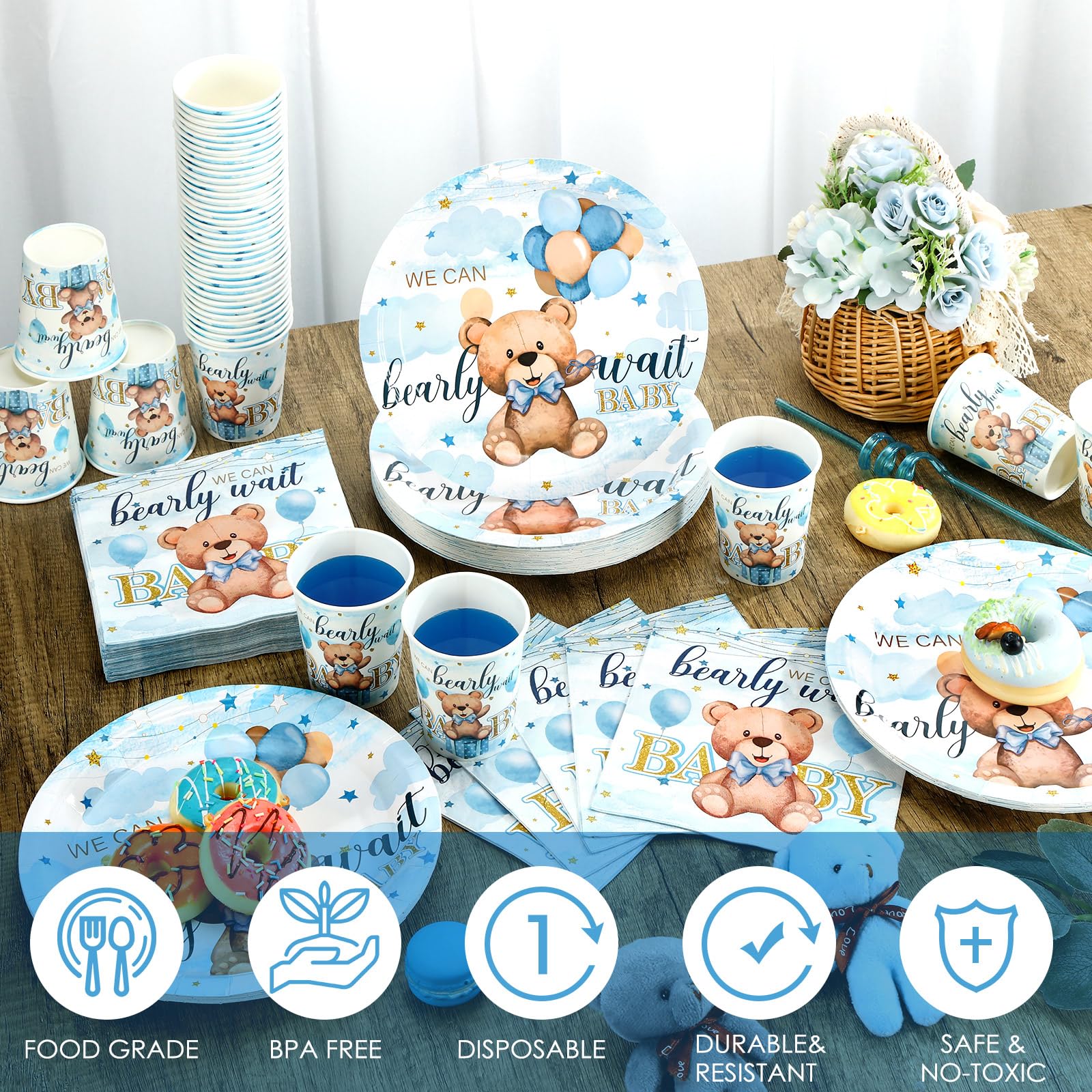 Hushee 200 Pcs Blue Bear Baby Shower Paper Plates Napkins Cups Baby Shower Party Supplies Tableware Set Bear Theme Disposable Cup Napkin for 50 Guest Boy Sets Spring Party Decoration Boy Girl