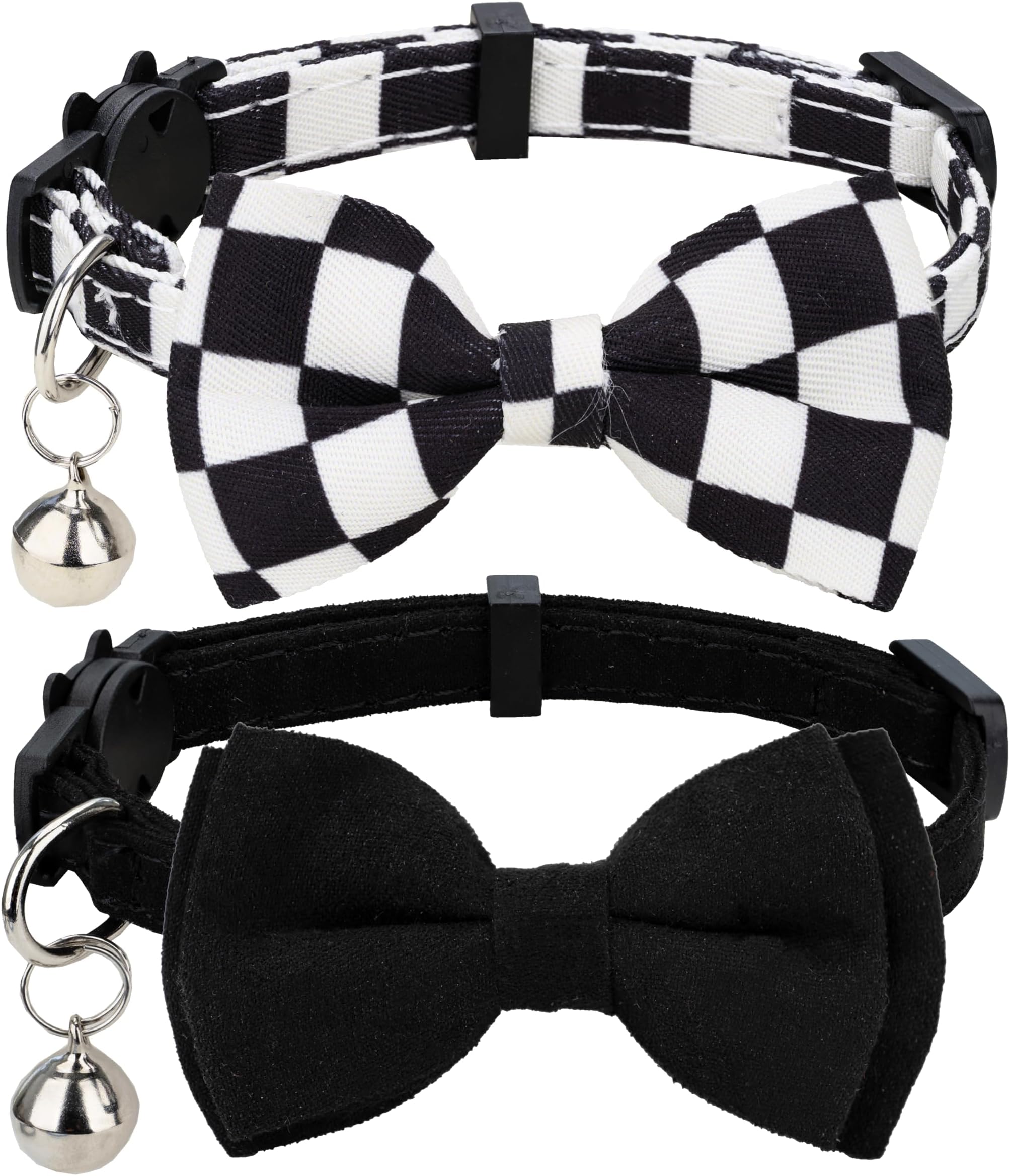 Collar for Cat Pet Breakaway with Bell Bowtie Detachable Bow Adjustable Safety Kitten Puppy Girl Boy 2pcs Plaid & Solid-Black