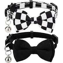 Collar for Cat Pet Breakaway with Bell Bowtie Detachable Bow Adjustable Safety Kitten Puppy Girl Boy 2pcs Plaid & Solid-Black
