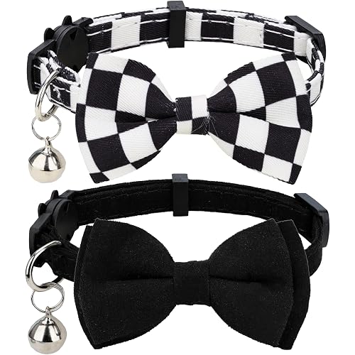 Collar for Cat Pet Breakaway with Bell Bowtie Detachable Bow Adjustable Safety Kitten Puppy Girl Boy 2pcs Plaid & Solid-Black