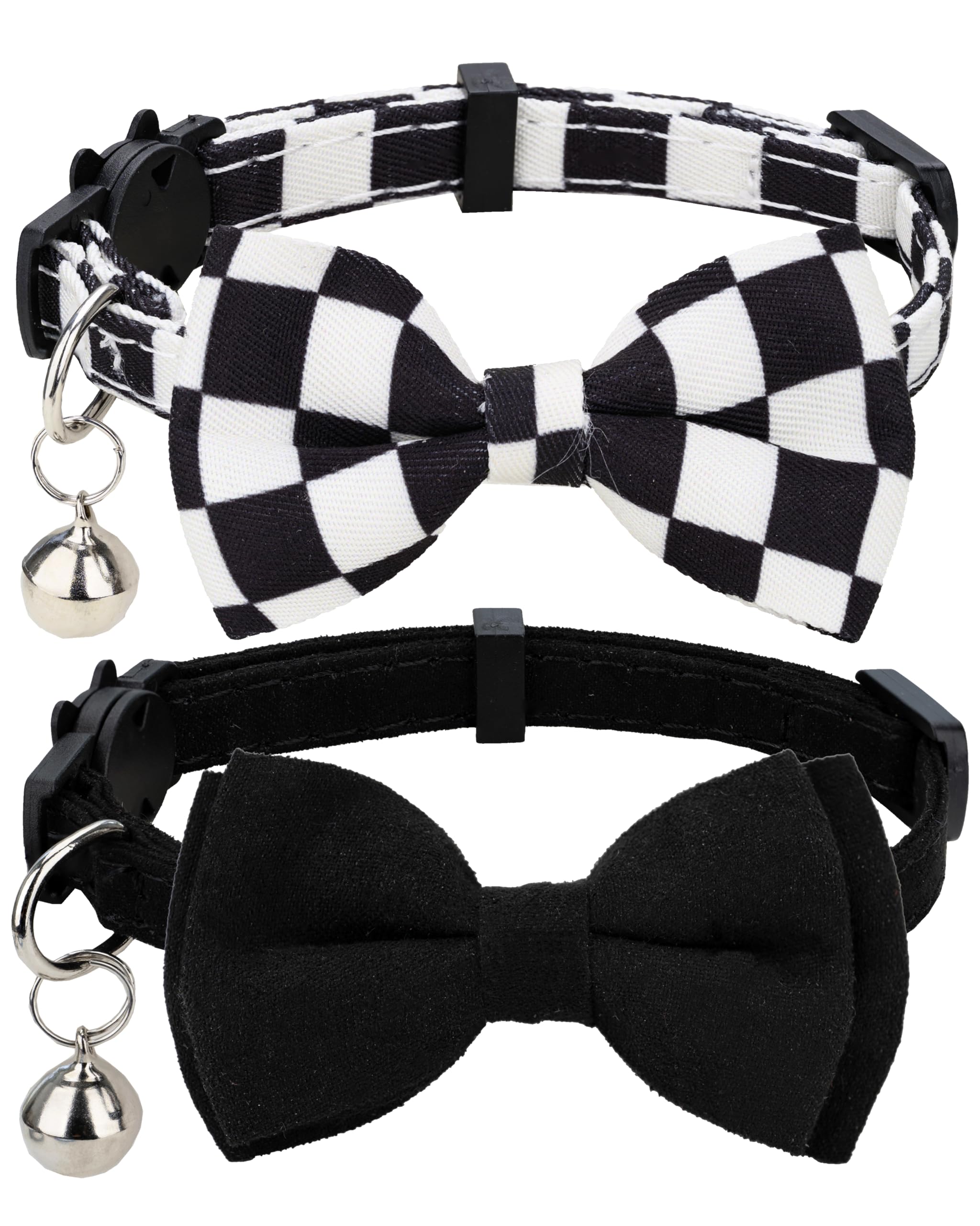 Gyapet Collar for Cat Pet Breakaway with Bell Bowtie Detachable Bow Adjustable Safety Kitten Puppy Girl Boy 2pcs Plaid & Solid-Black