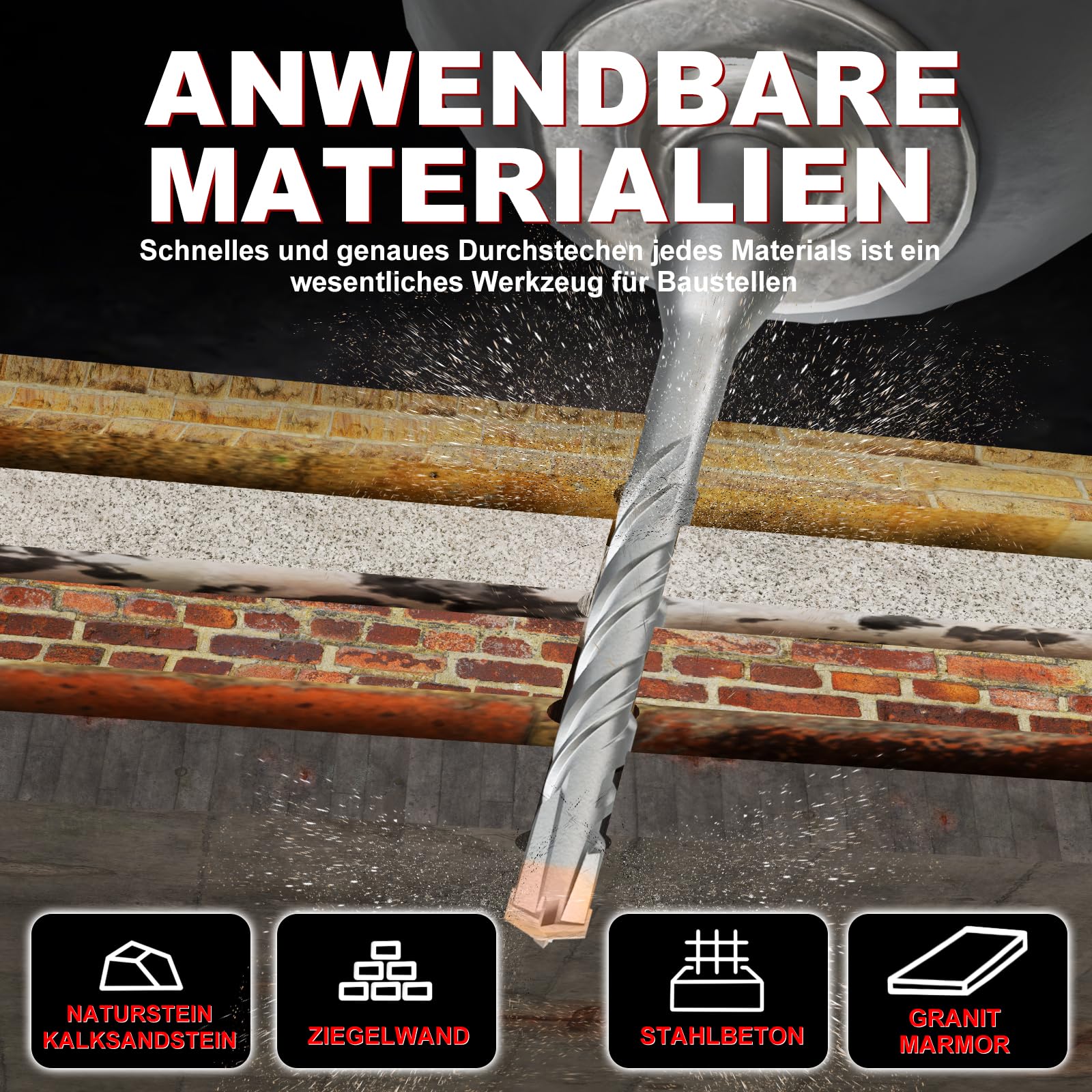 Punta per trapano SDS Plus 10mm x 460mm, 4 lame in metallo duro, testa rivestita, per cemento armato, pietra, calcestruzzo, muratura