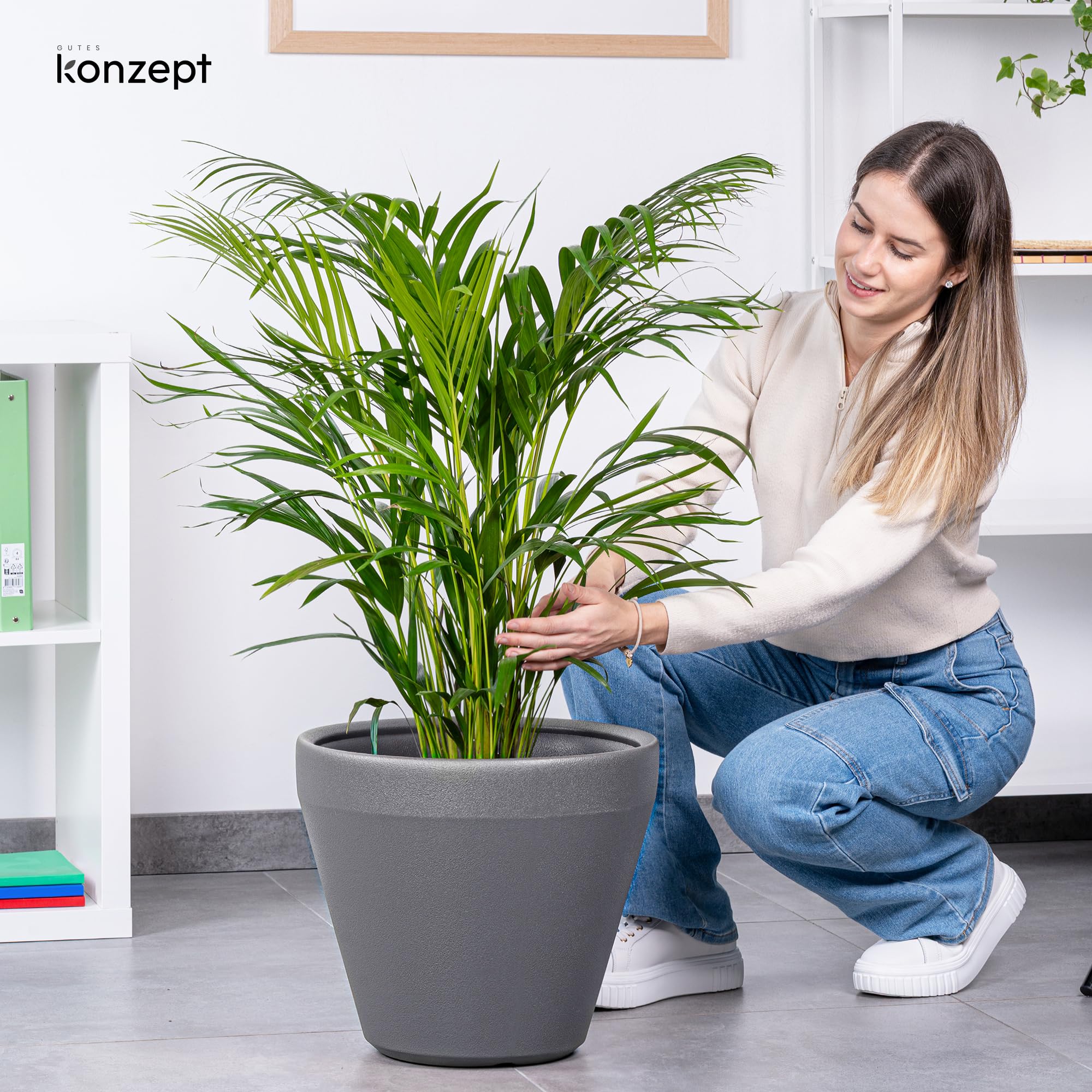 KONZEPT Übertopf groß 40 cm Durchmesser aus Kunststoff, 30 L, Anthrazit - Blumentopf in Ton-Optik, Kratzunempfindlich, UV- & Frostbeständig, für Innen & Außen geeignet