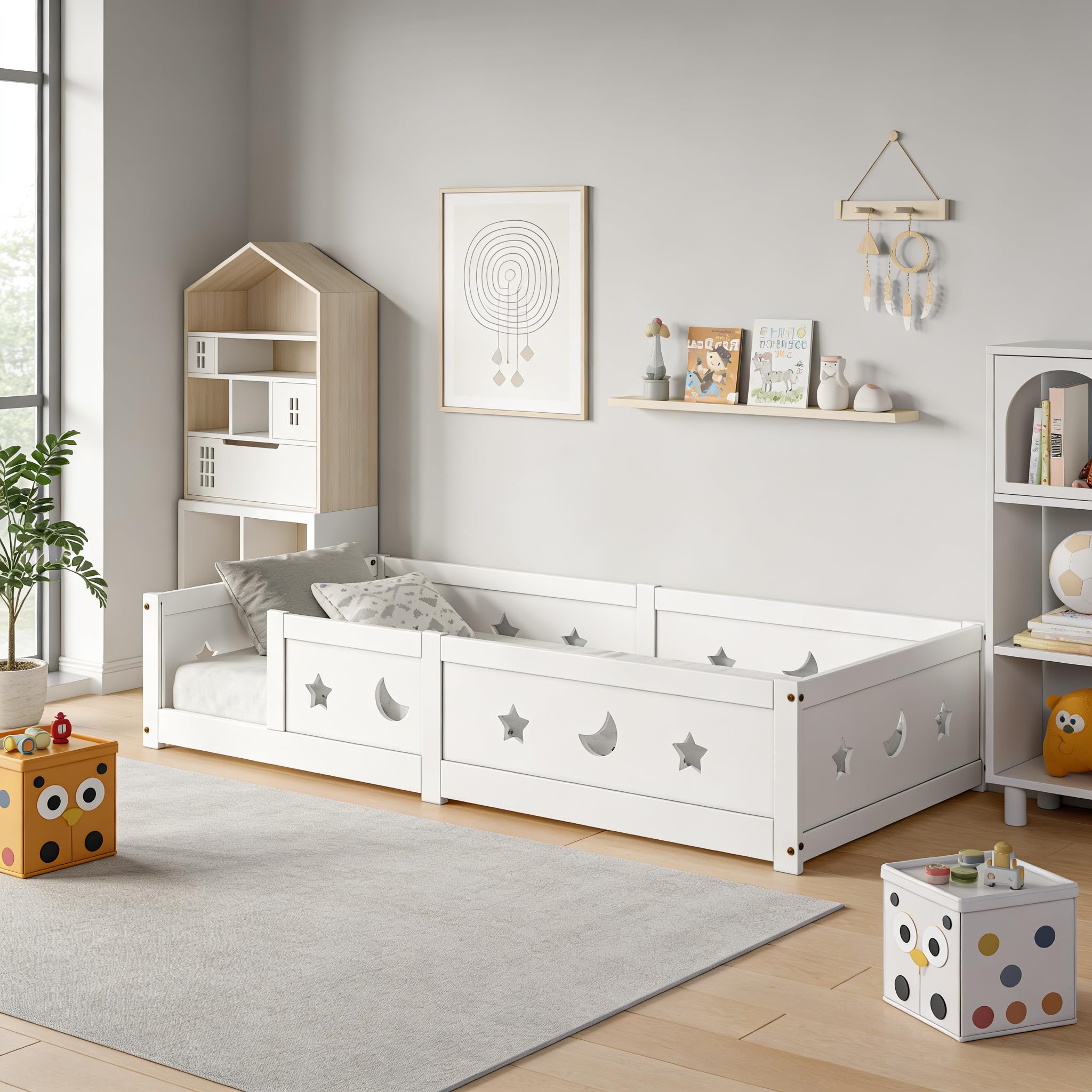 Letto per bambini 90 x 200 cm, letto Montessori con protezione anti-caduta e rete a doghe massiccia, per bambini, in legno di pino (bianco B, 90 x 200 cm)