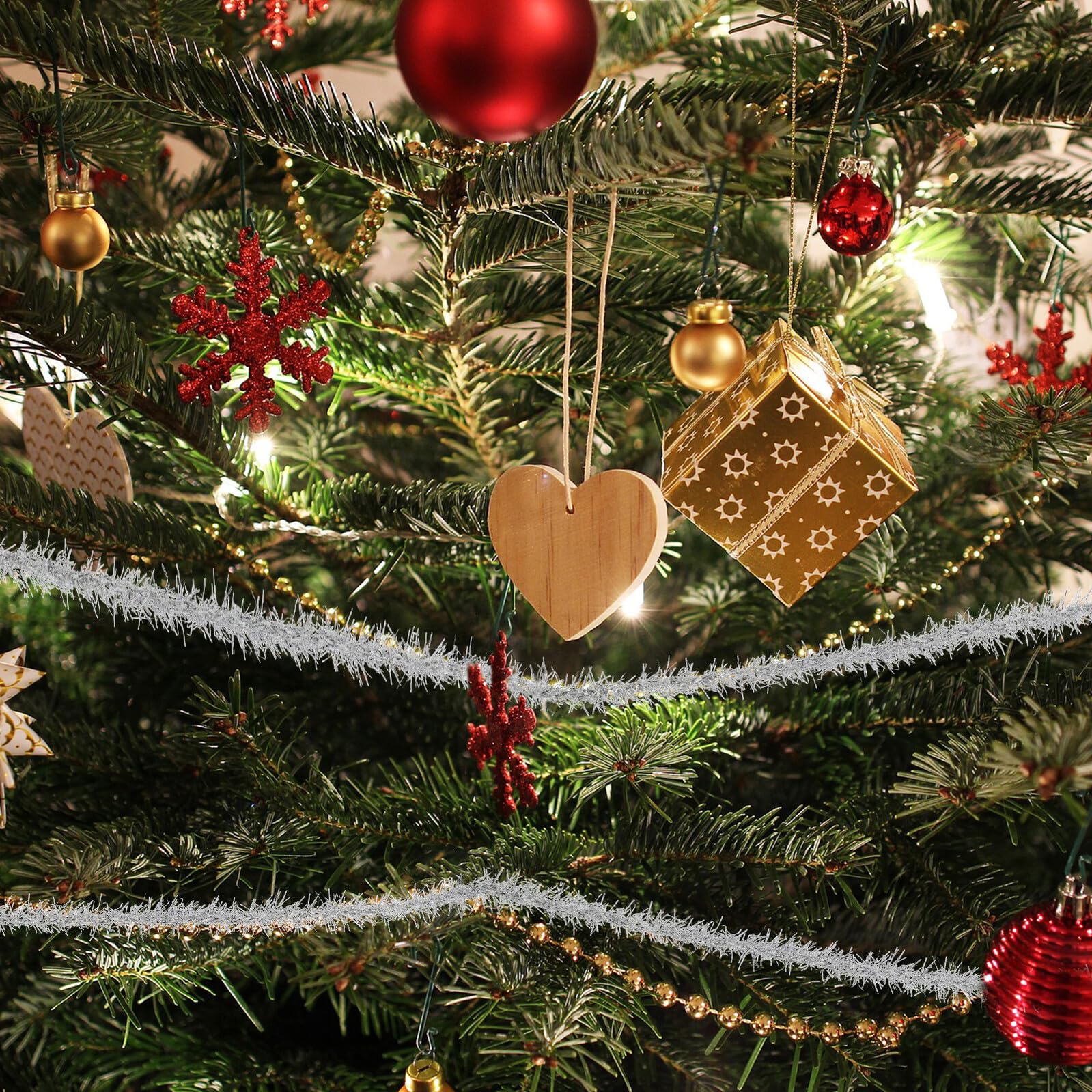 Gatuida Guirnalda de Oropel Navideño Plateado 1 Rollo de Espumillón Metálico Fino para Decoración de Árbol de Navidad Fiestas y Bodas Tira Ligera y Fácil de Colgar