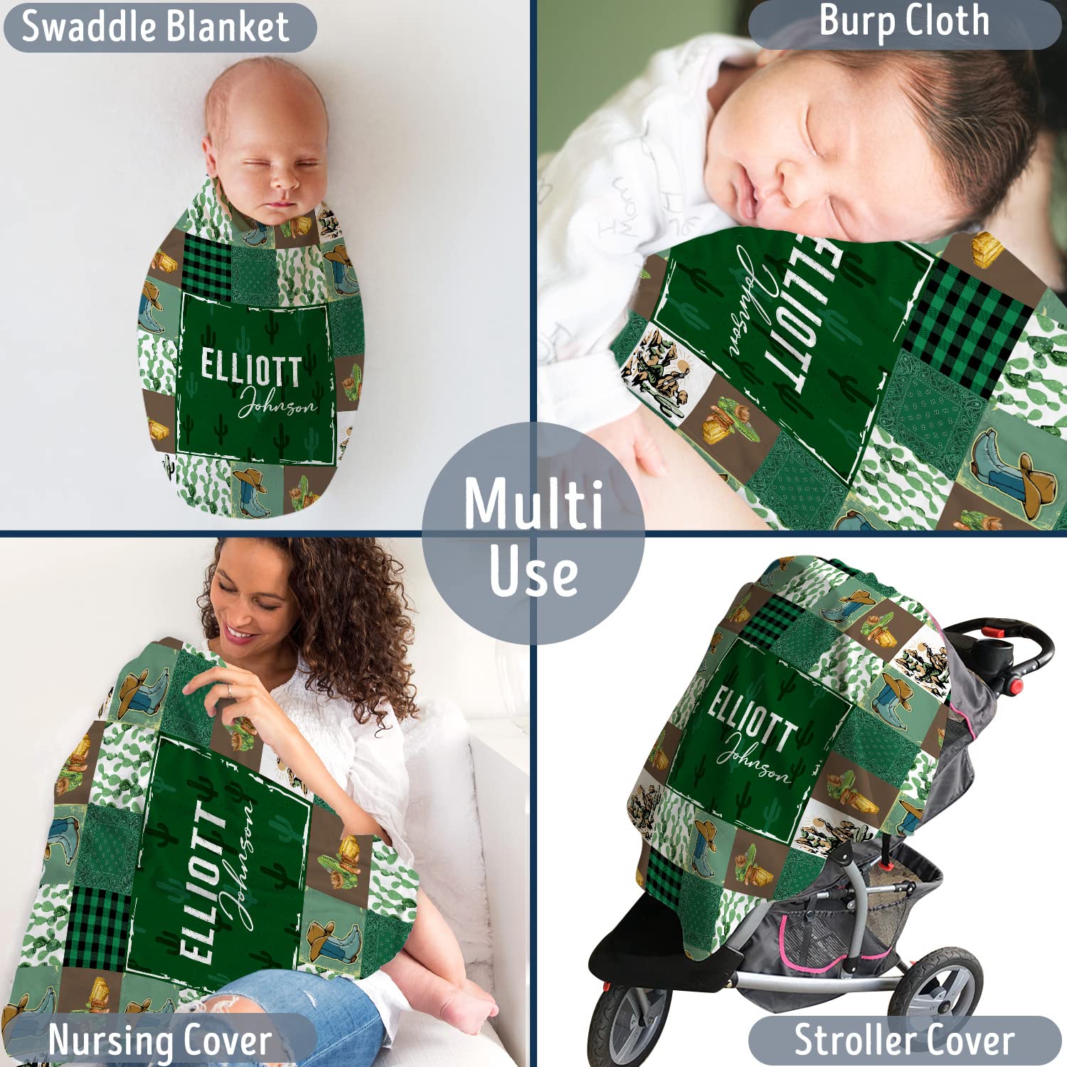 Locobird Western Baby Blankets, Green Cactus Pattern, Personalized, 100% Polyester, Soft & Silky, 30x40, 50x60, 60x80 Inches, Unisex, Crib & Room Decor