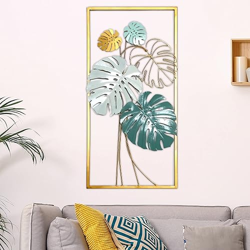 Decoración de pared de hojas de metal doradas grandes para sala de estar 24 x 12 pulgadas 100 hecha a mano y sólida lista para colgar con colores