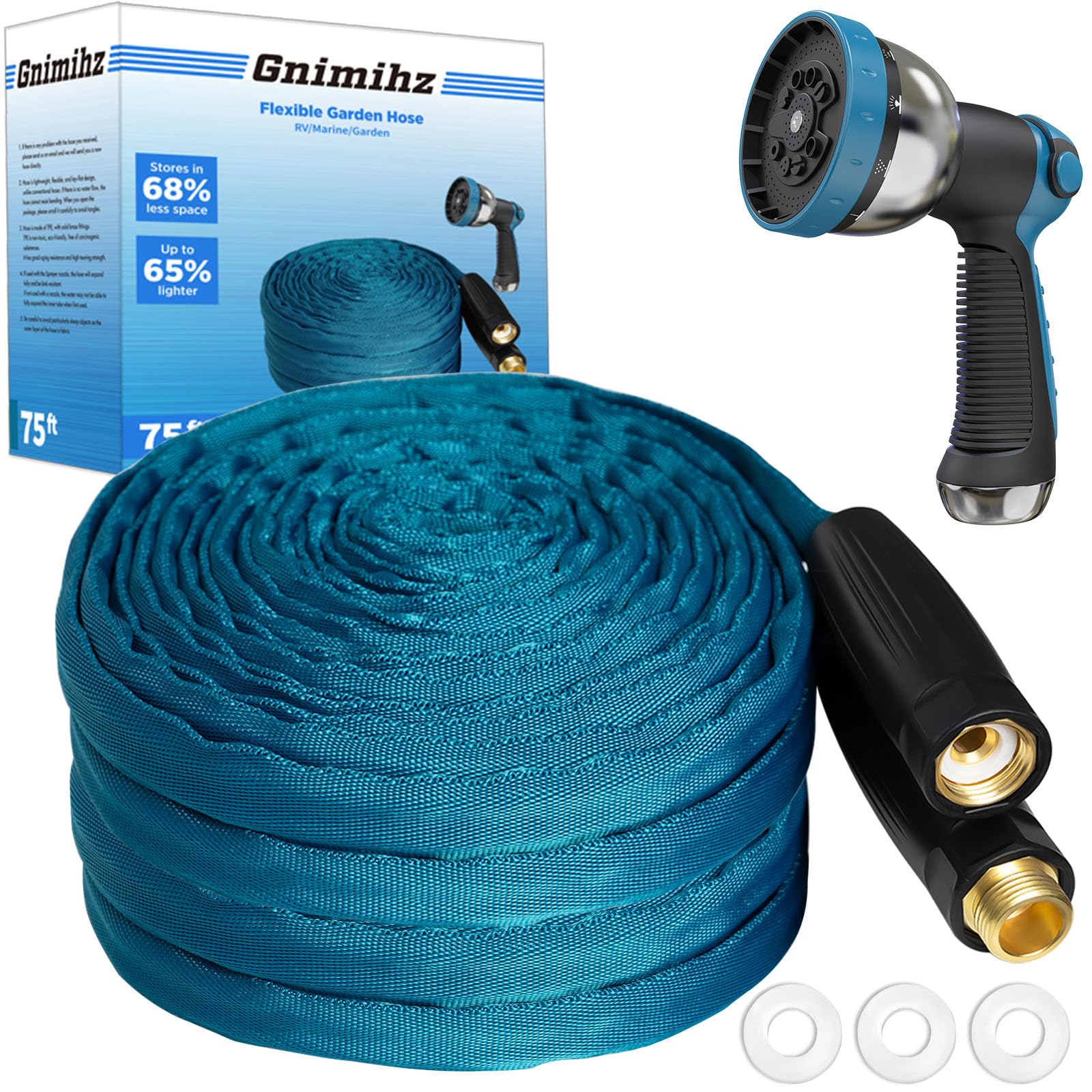 Gnimihz Garden Hose 75ft, Made of TPE(Not PVC), Ultra-Light & Flexible Water Hose with Solid Brass Fittings, Non-Shrinking, Easy to Storage, Drinking Water Safe Material, All-weather, SeaBlue