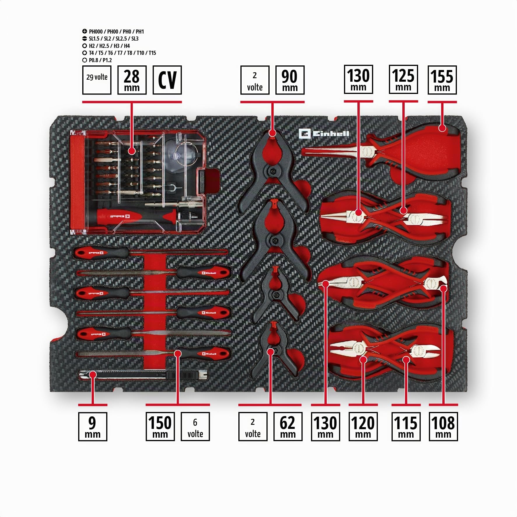 Einhell E-Case 153 pezzi valigetta portautensili Hobby | Riparazione elettronica | pinze elettronica | set capicorda | spazzola metallica | lime | morsetti molla | valigetta sistema
