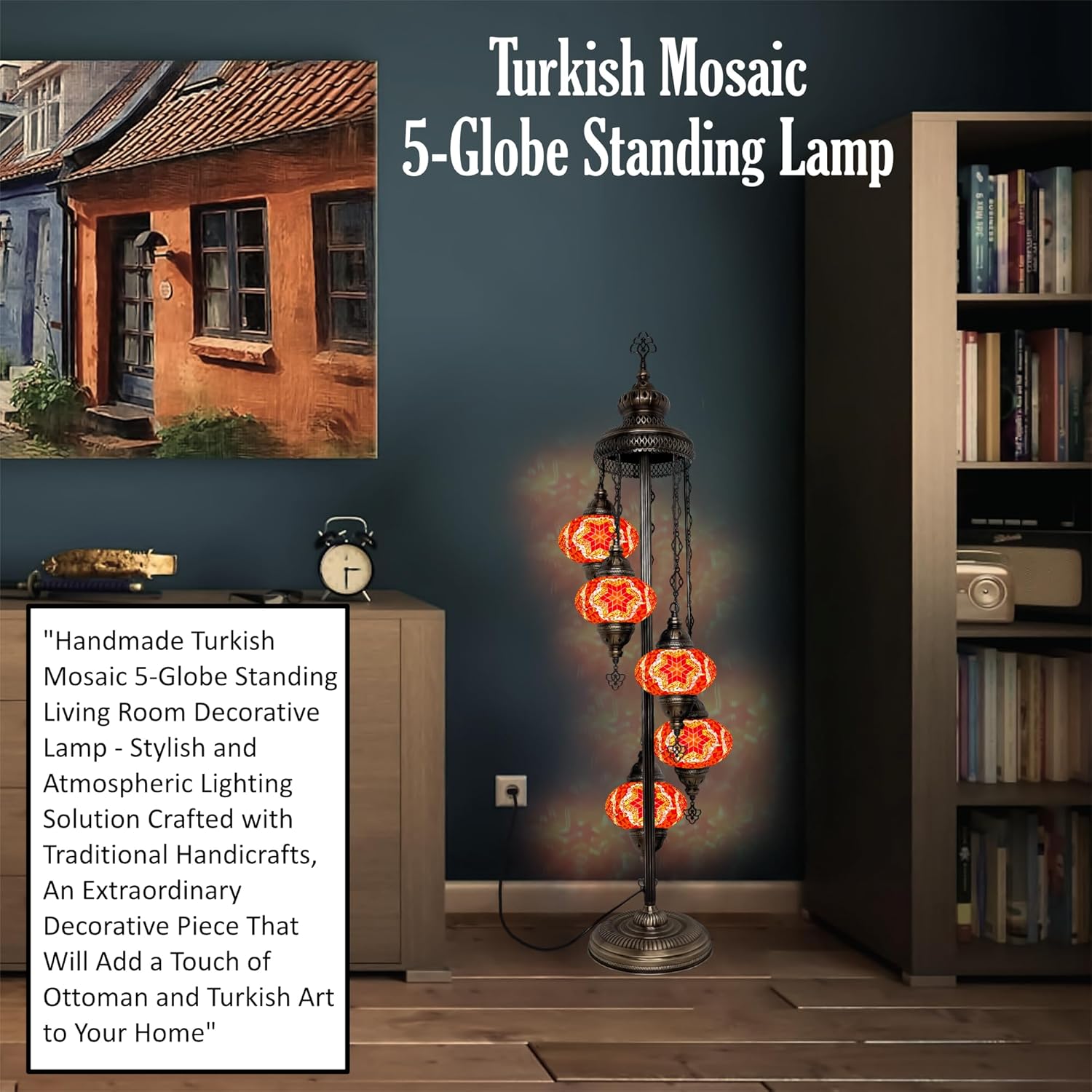 Turkish Mosaic Glass Big 7'' 5 Globe, Bohemian Floor Lamp with Stained Glass Shade - Unique Art Deco Corner Light - Moroccan Design - Tiffany Style Nightstand Lamp for Living Room (Orange Flower)