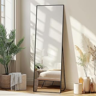 Delma 56x15 Inch Full Length Standing Wall Mirror - Black Aluminum Frame, Freestanding or Mountable for Bedroom, Bathroom, Living Room