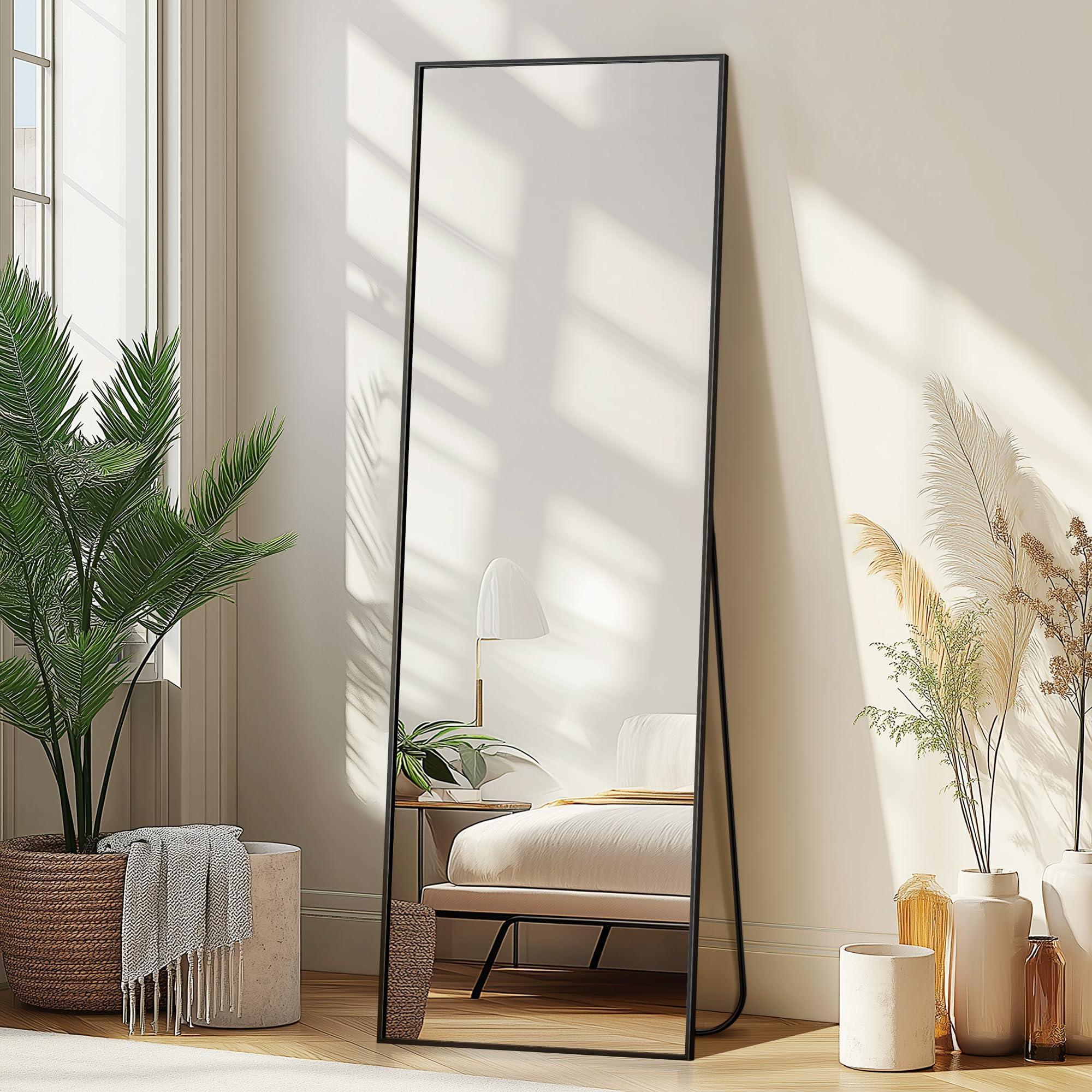 Delma Wall Full Length Mirror,Standing Mirror Full Body,Large Floor for Wall Door Bedroom Bathroom Living Room with Aluminium Frame(with Stand,56x15-Black)