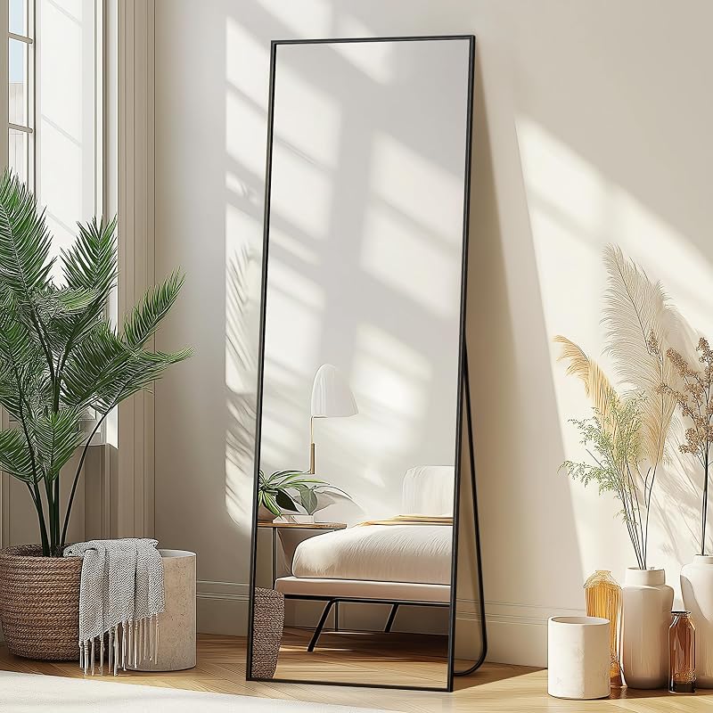 Full Length Mirror with Stand, Black Floor Mirror | Aluminium alloy frame with HD float glass for distortion-free reflection. Free standing or wall mounted.