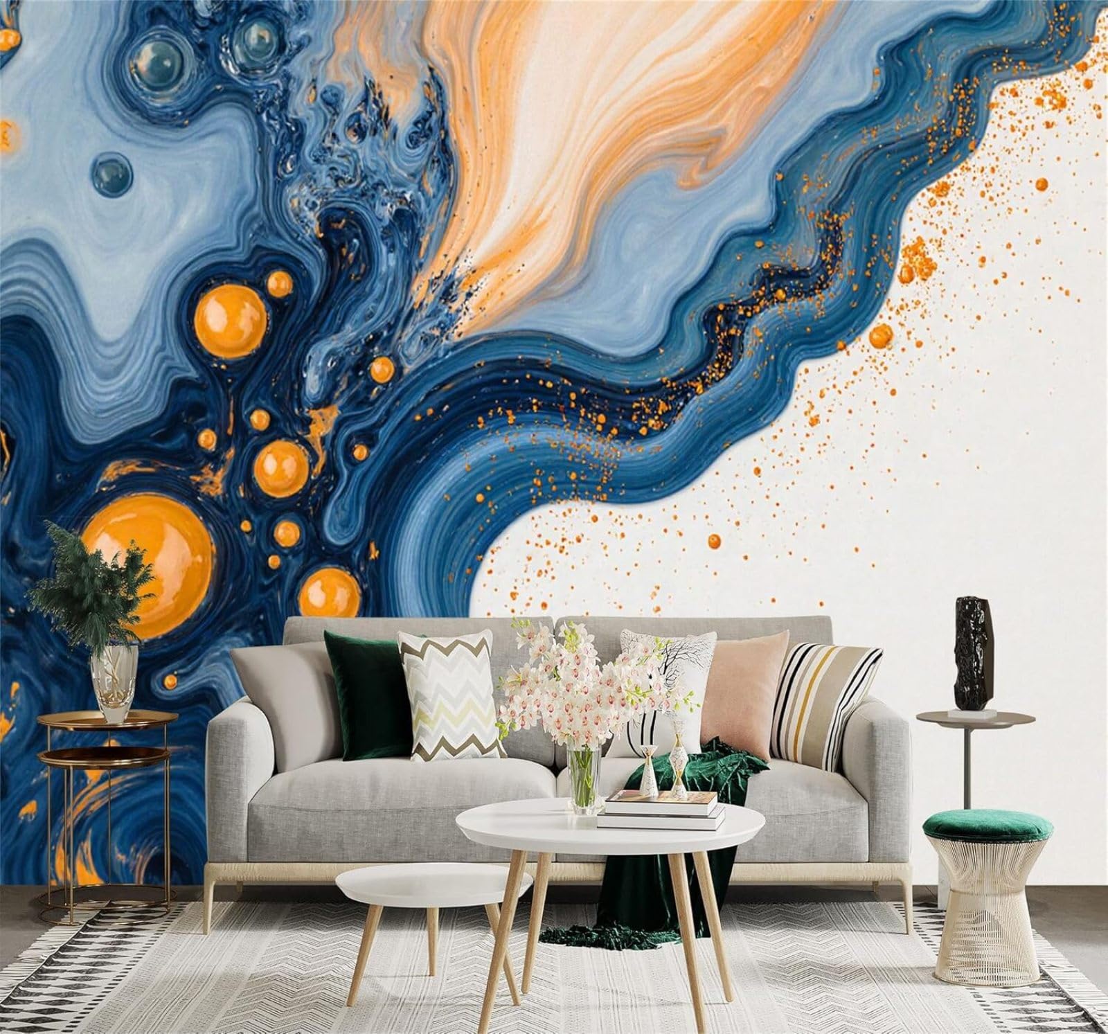 XLMING Blue Orange Swirls Bubbles Abstract Liquid Art 3D Wallpaper Premium Textured Silk Study Dining Living Room Bedroom Sofa TV Wall Easy Install-250cm×170cm