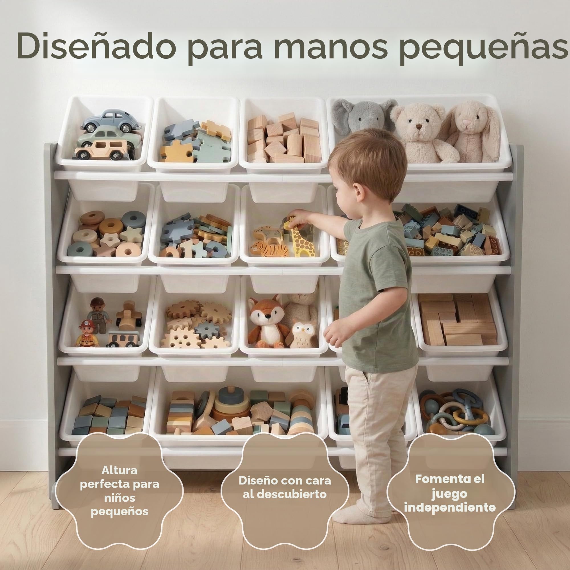 Humble Crew estantería Infantil Gris/Blanco: 16 Cajas Almacenamiento, Madera, Organiza Juguetes, Segura, Moderna, fácil Montaje