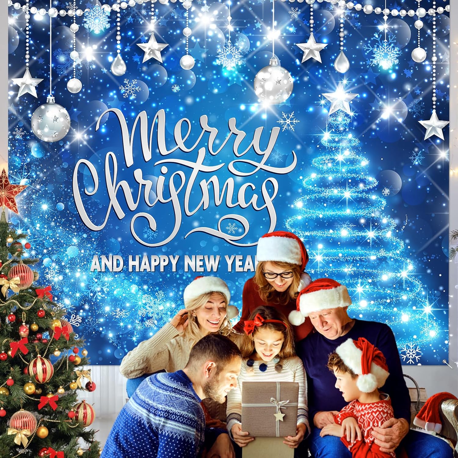 Christmas Garage Door Banner Cover 7 x 8 ft Blue Christmas Garage Door Decorations Large Merry Christmas Tree Snowflake Garage Wall Door Backdrop for Xmas Eve New Year Winter Outdoor Indoor Decor