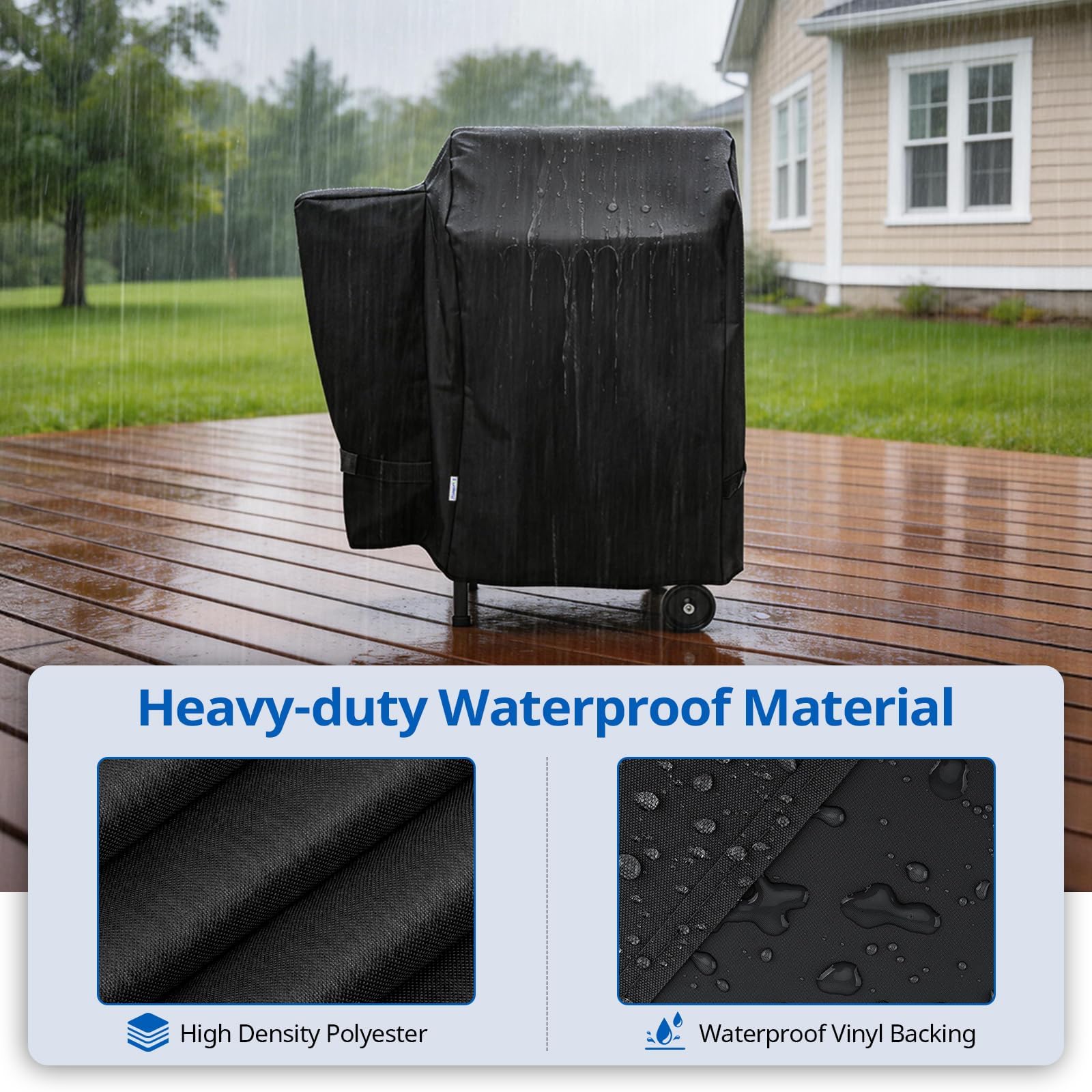 SunPatio Outdoor Heavy Duty Waterproof Grill Cover for Traeger 20 Series Wood Pellet Grill and Smoker, Junior, Tailgater and More, Full Length Barbecue Grill Cover, All Weather Protection, Black