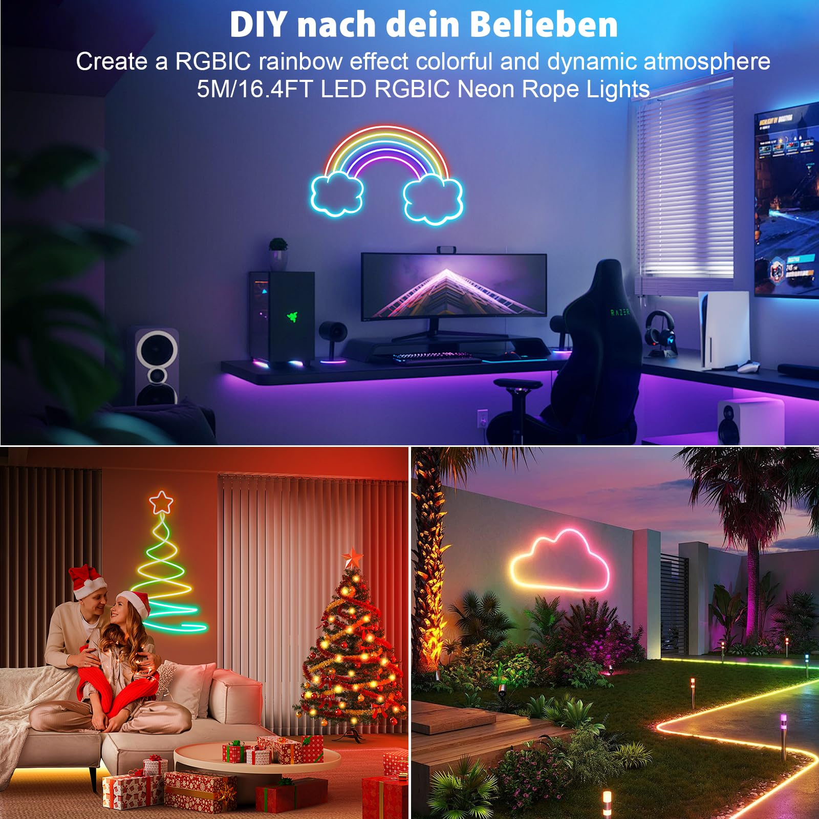 Striscia LED al neon RGBIC, 5 m, effetto arcobaleno, con telecomando app, IP65, impermeabile, flessibile, 24 V, tubo luminoso per musica, fai da te, per stanze, pareti, giochi