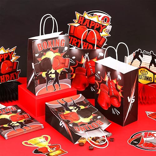 Miniatura 4 de JOYMEMO Paquete de 16 bolsas de boxeo para fiesta, color rojo y negro, bolsas de regalo temáticas de boxeo con asas para deportes, cumpleaños,