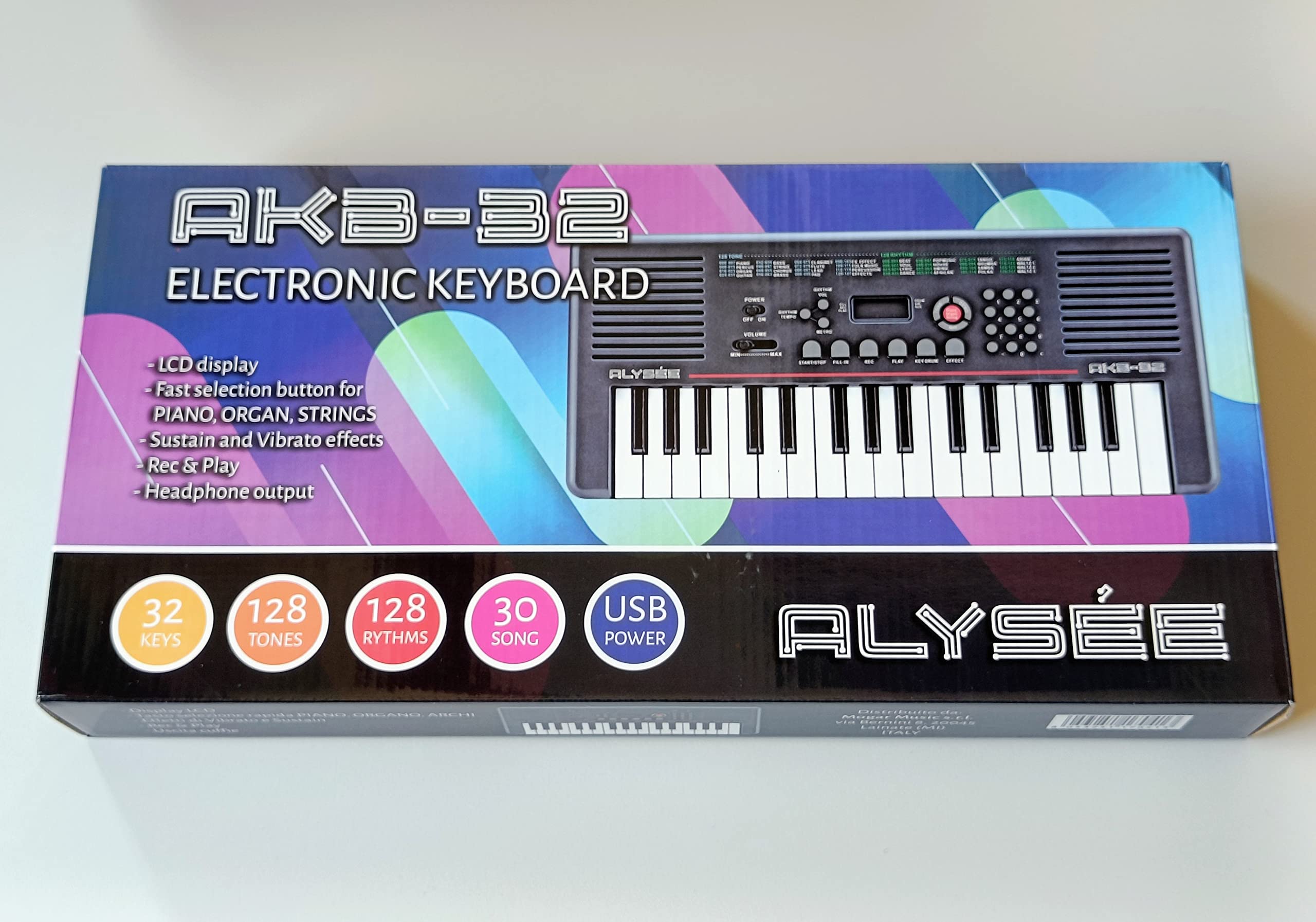 AKB-32 - Tastiera musicale portatile, pianoforte intermedio a 32 tasti, ingresso power bank e caricabatteria per telefono, uscita cuffie