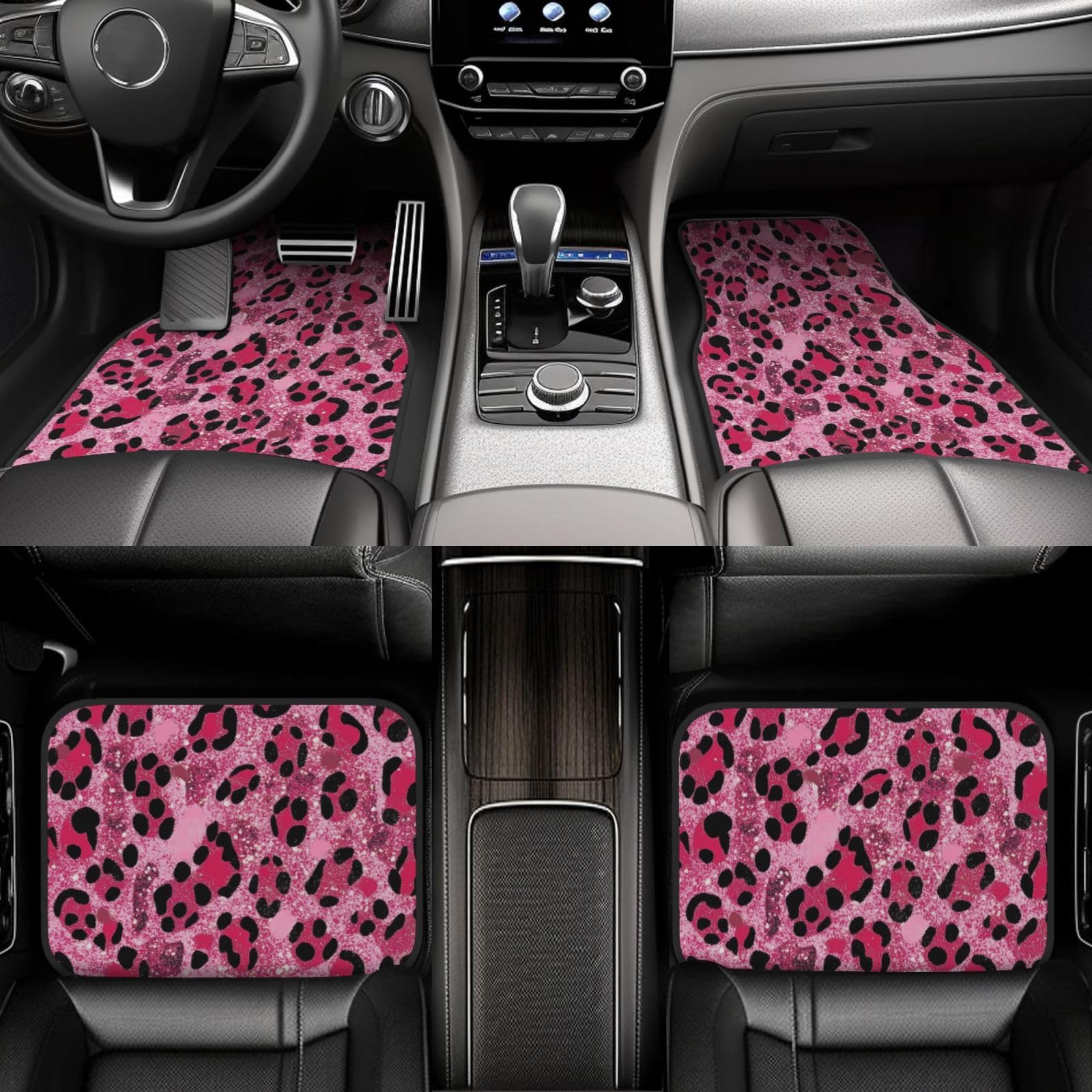 Mexpekil Pink Glitzer Leopard-Print Autoteppiche, Set von 4 universelle Autofußmatten, rutschfeste Autofußmatten, dekorative Autoteppich-Schutzmatten für SUV, Van, LKW