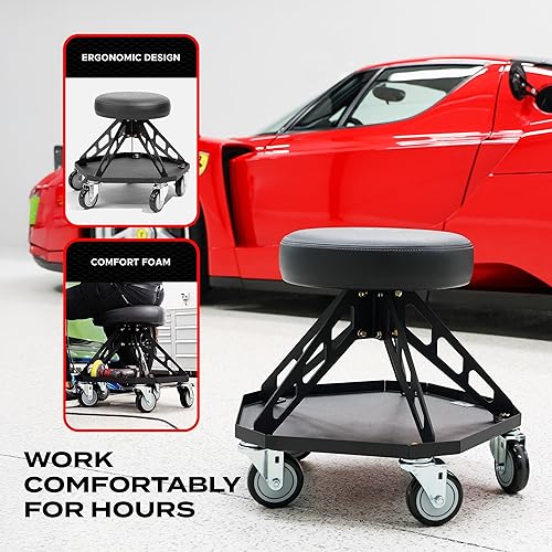 Miniatura 4 de Vyper Robust Steel Pro Shop Silla para mecánica, automoción, bricolaje, taburete de garaje de capacidad de 400 libras, ruedas grandes (asiento