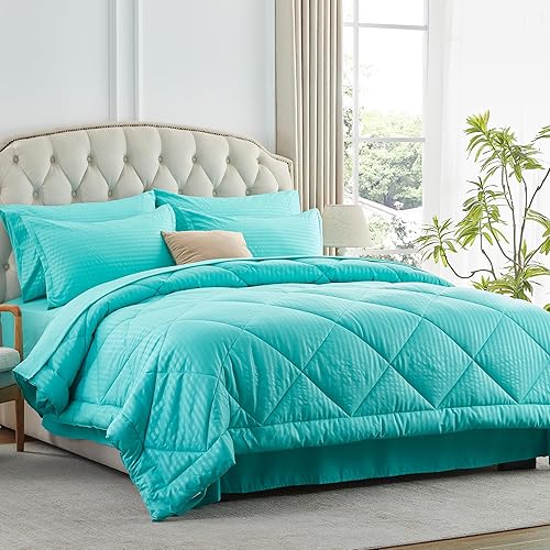 Miniatura 2 de NexHome Juego de edredón de cama en una bolsa, tamaño Queen, color turquesa para todas las estaciones, juego de ropa de cama alternativo de